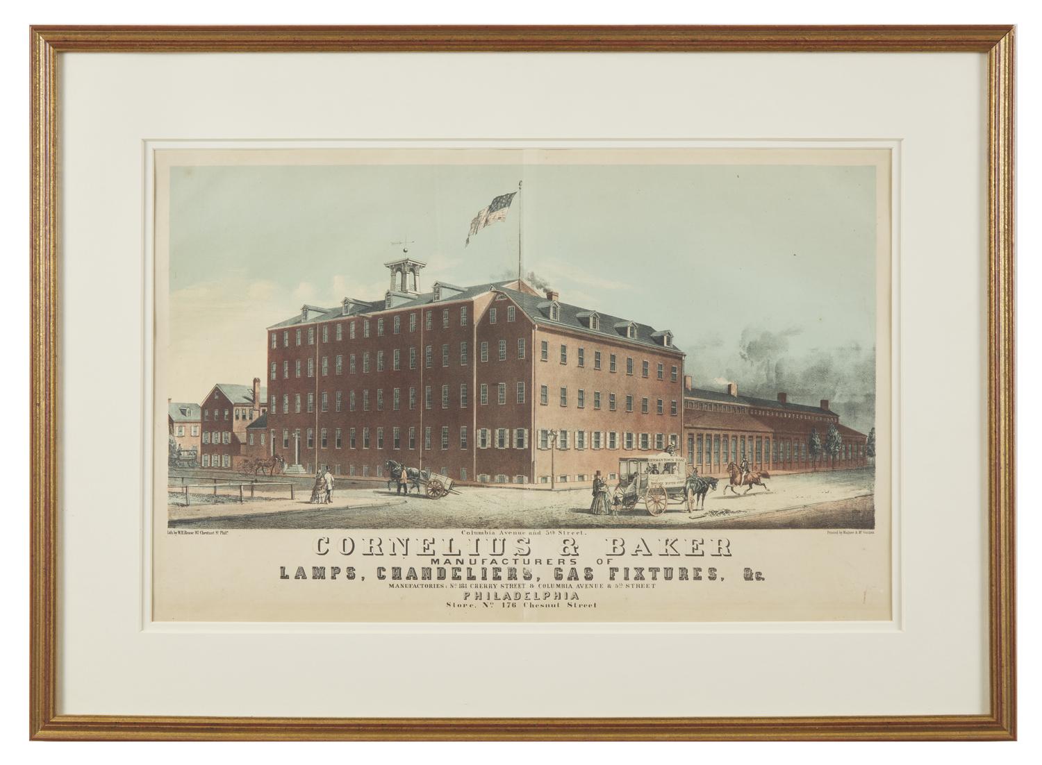 A Colored Lithograph Advertisement for the Cornelius & Baker Factory at Columbia Avenue and 5th Street, by William H. Rease (c. 1818-1893), Printed by Wagner & McGuigan, Philadelphia, PA, 1856