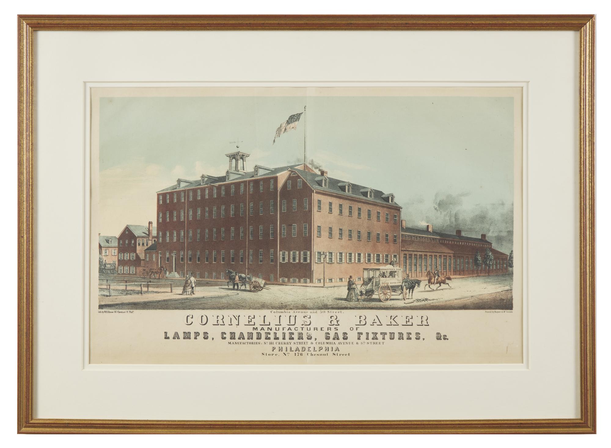 A Colored Lithograph Advertisement for the Cornelius & Baker Factory at Columbia Avenue and 5th Street, by William H. Rease (c. 1818-1893), Printed by Wagner & McGuigan, Philadelphia, PA, 1856