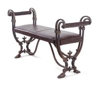 A Continental Metal and Leather Upholstered Bench