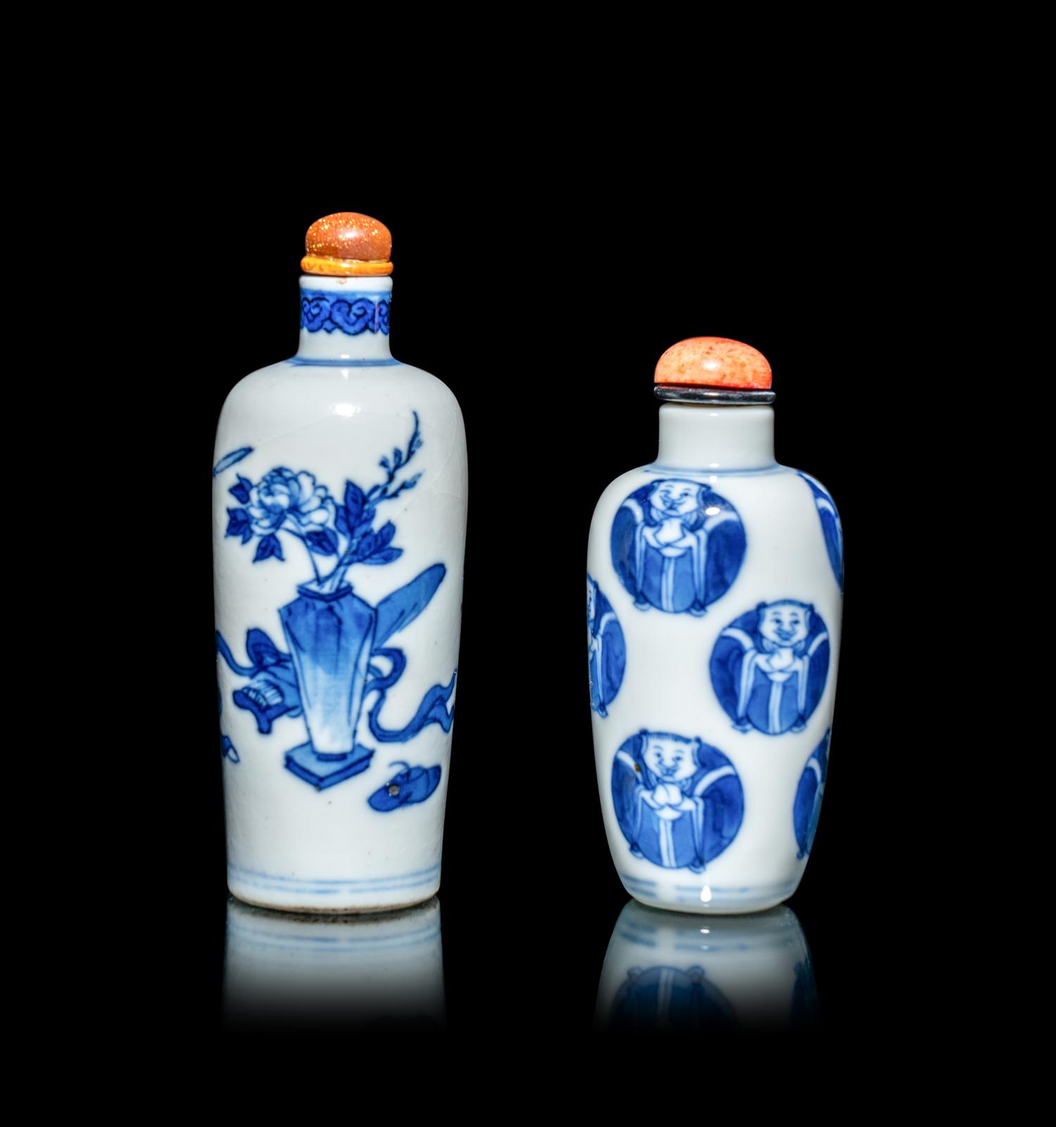 Two Chinese Blue and White Porcelain 'Figural' Snuff Bottles