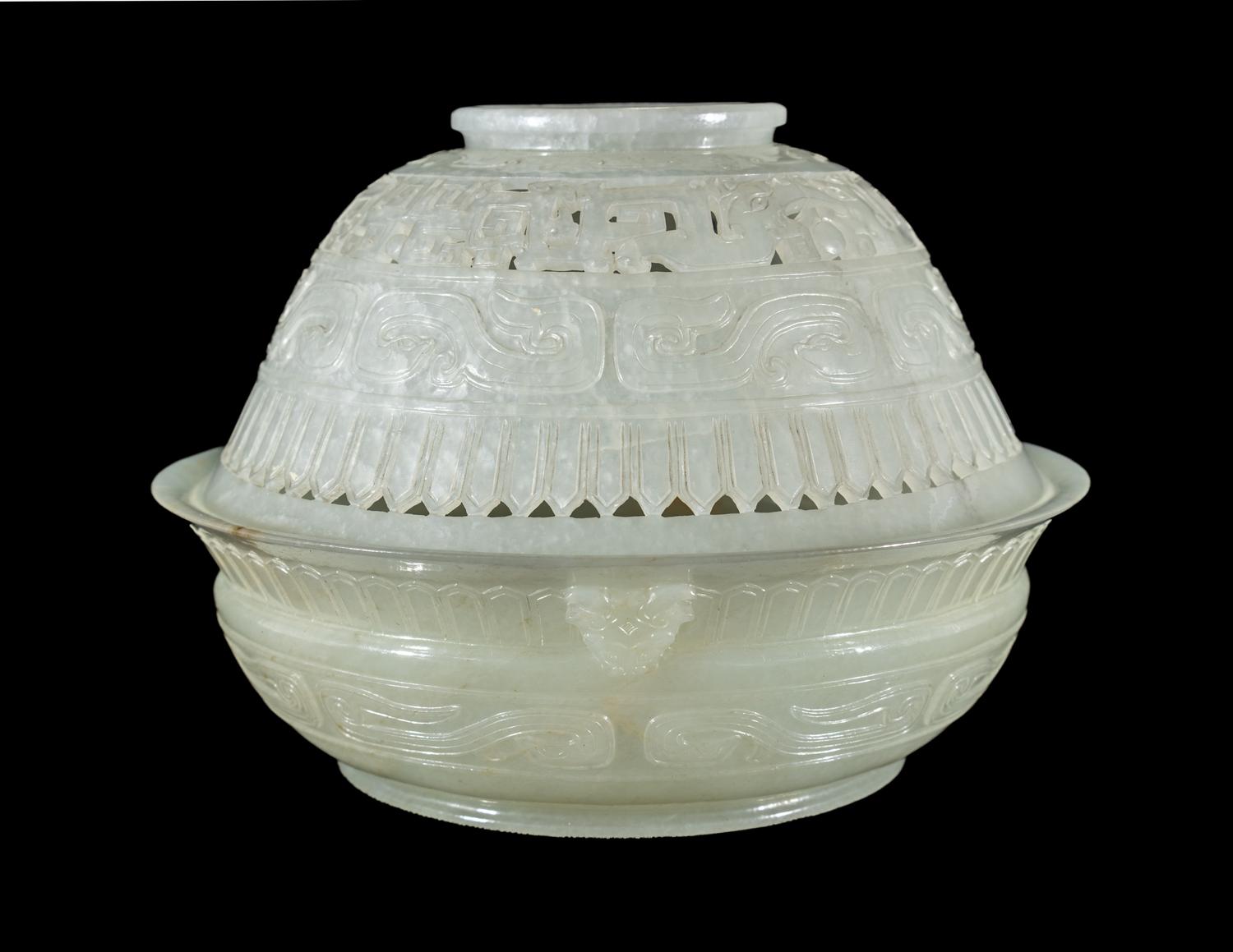 A Chinese Carved and Pierced 'Archaistic' White Jade Bowl and Cover