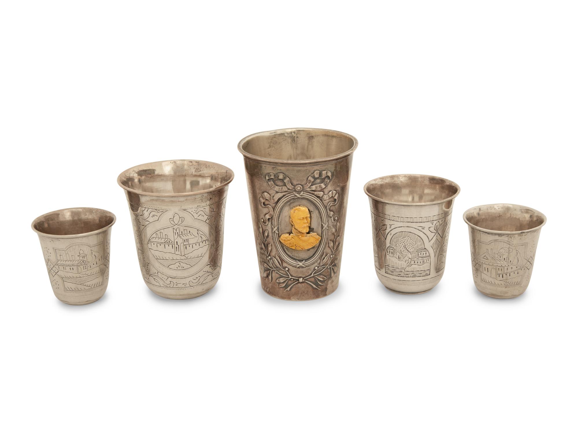 Five Russian Silver Vodka Cups