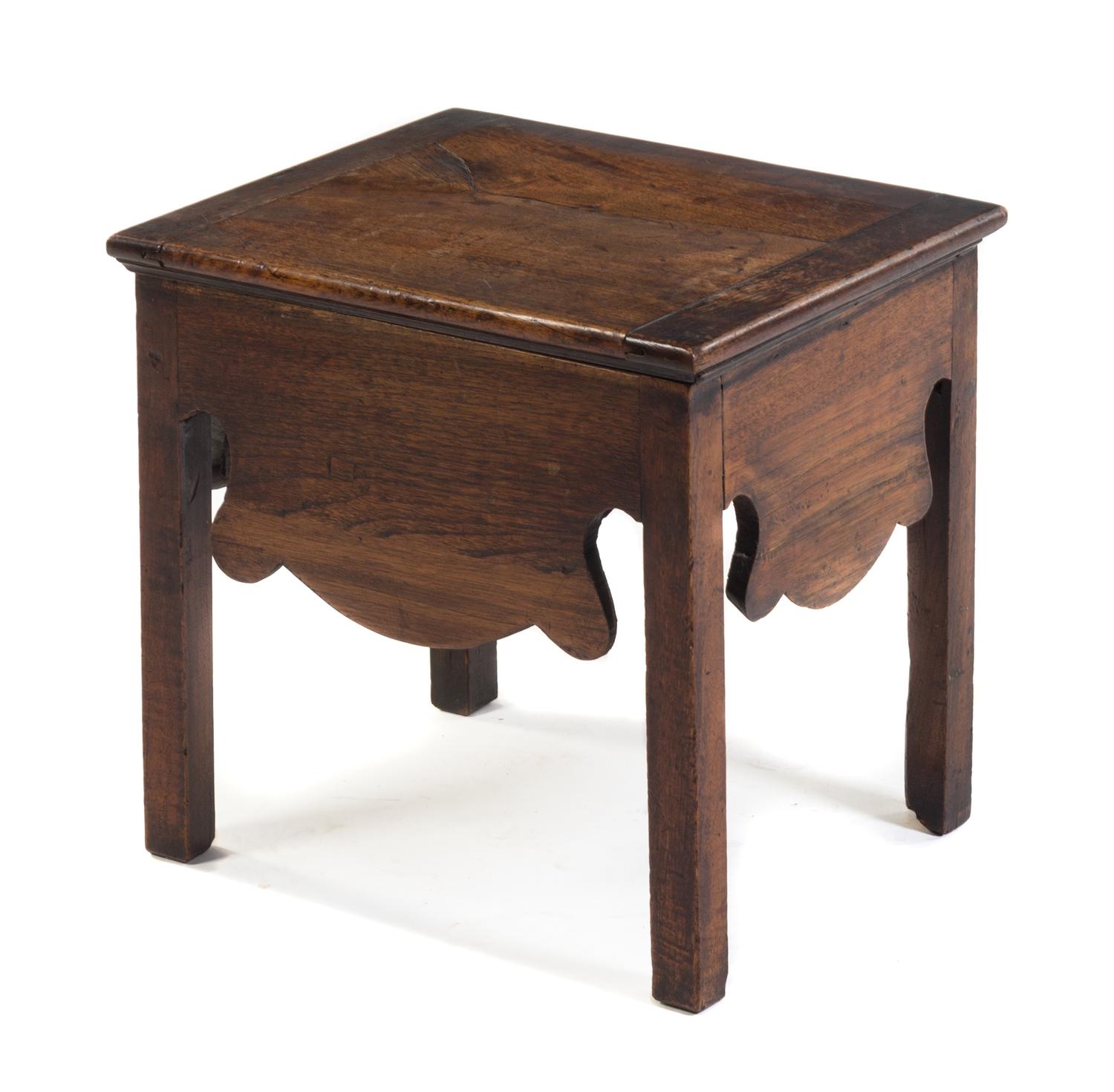 A George III Oak Bench Height 18 x width 18 1/2 x depth 15 1/4 inches. — CIRCA 1800