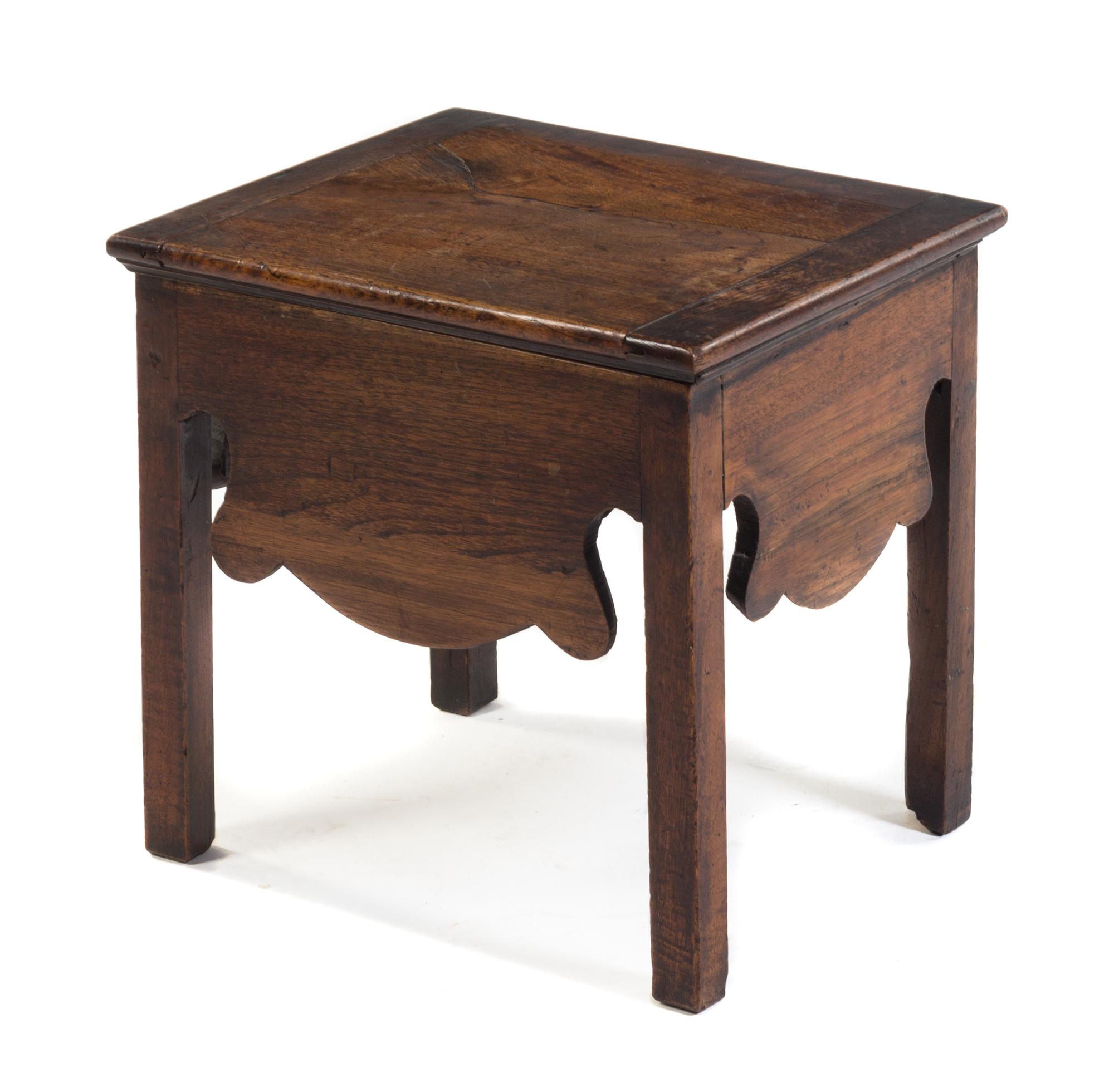A George III Oak Bench Height 18 x width 18 1/2 x depth 15 1/4 inches. — CIRCA 1800