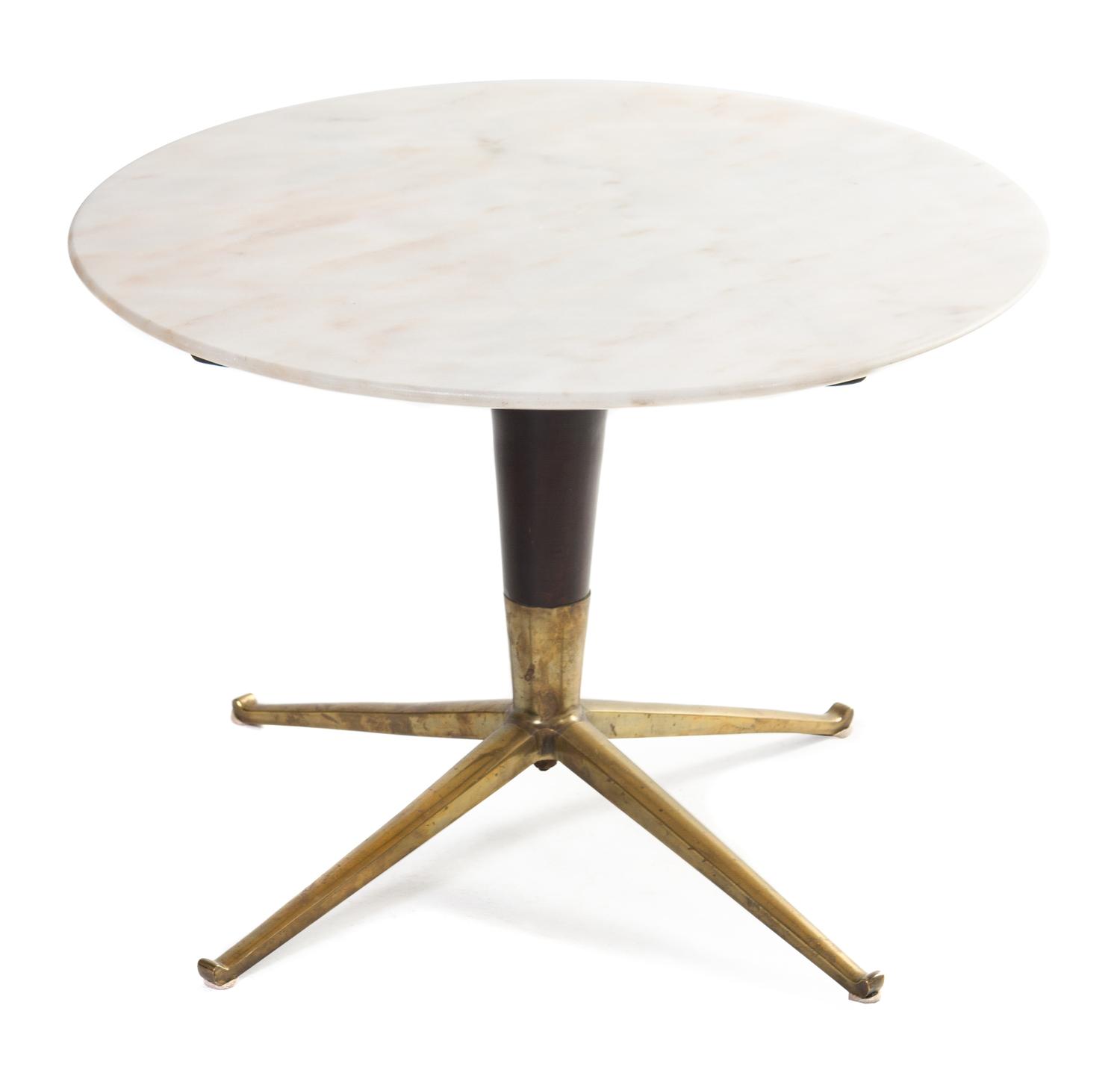 A Laminated Wood and Brass Occasional Table Height 18 1/8 x 25 5/8 diameter.