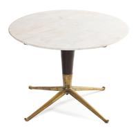A Laminated Wood and Brass Occasional Table Height 18 1/8 x 25 5/8 diameter.