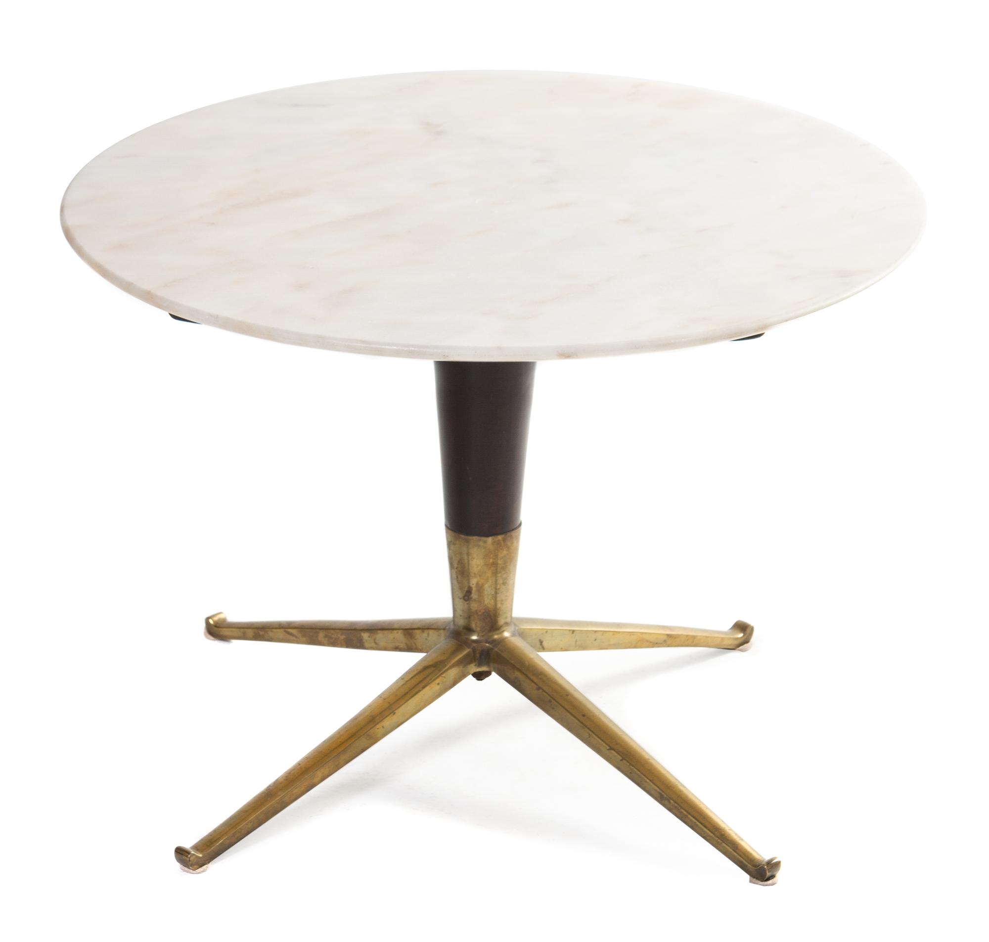 A Laminated Wood and Brass Occasional Table Height 18 1/8 x 25 5/8 diameter.