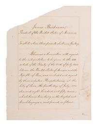 BUCHANAN, James (1791-1868). Manuscript document signed (“James Buchanan”) as President, countersigned by Secretary of State Lewis Cass. A contemporary bilingual copy of the ratification of interpretations to Article 12 of the original Treaty of the 26th of July 1851 between the United States and the Republic of Peru. 7 May 1858.