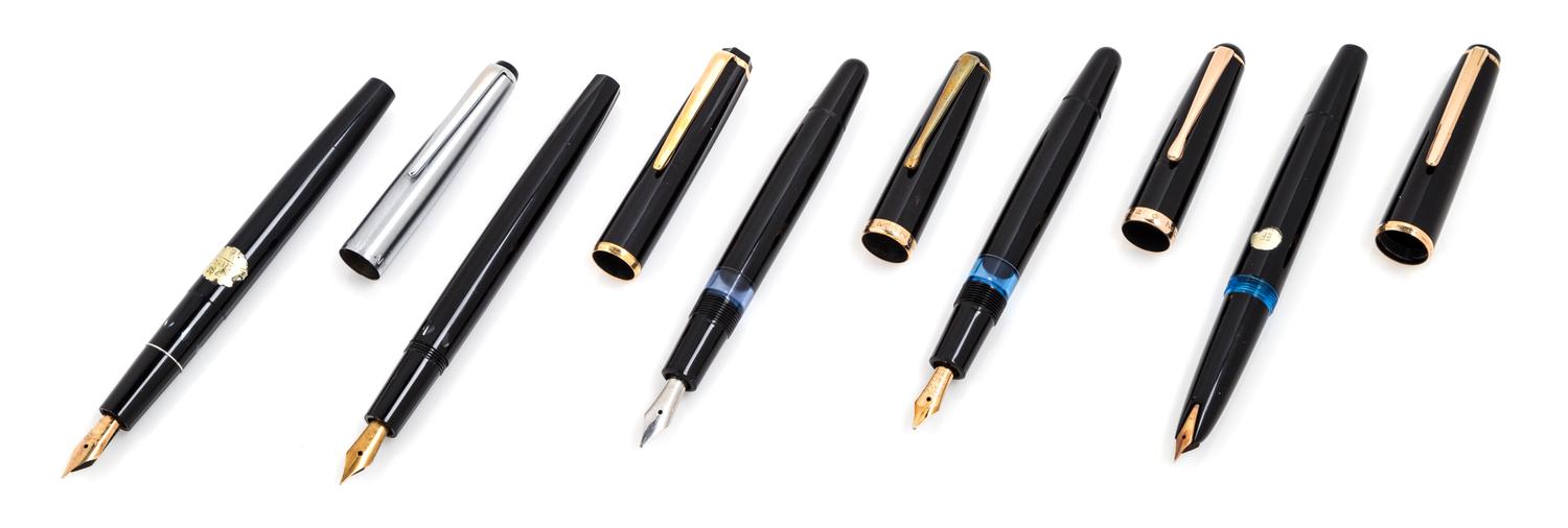 A Collection of Five Montblanc Fountain Pens Length of longest 5 1/4 inches.