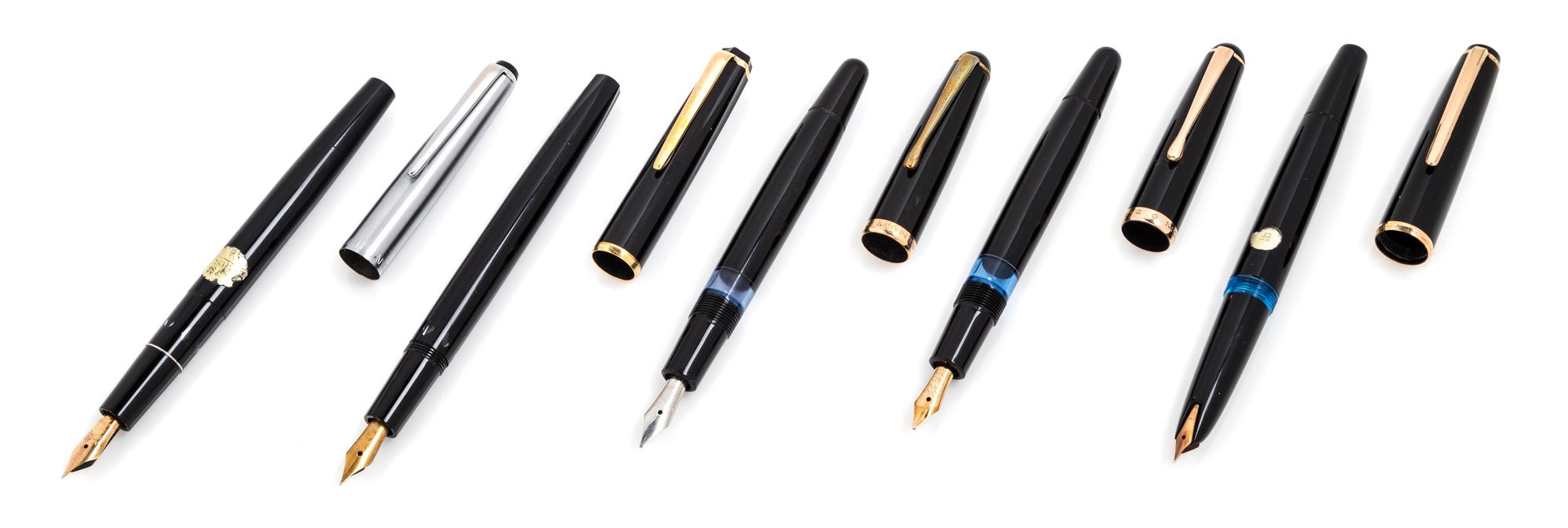 A Collection of Five Montblanc Fountain Pens Length of longest 5 1/4 inches.