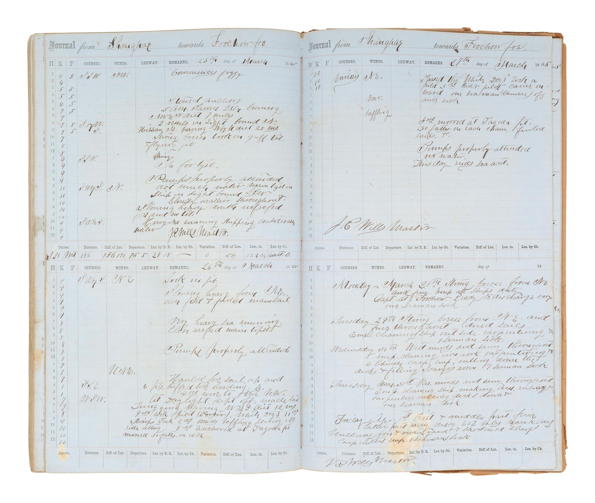 [MARITIME]. Log of the Barques Wavelet , Looling , and J.H. Wills documenting journeys in East Asia, ca 1862-1865. [ With: ] Notebook containing sea shanties and sketches of ships, ca 1862-63.