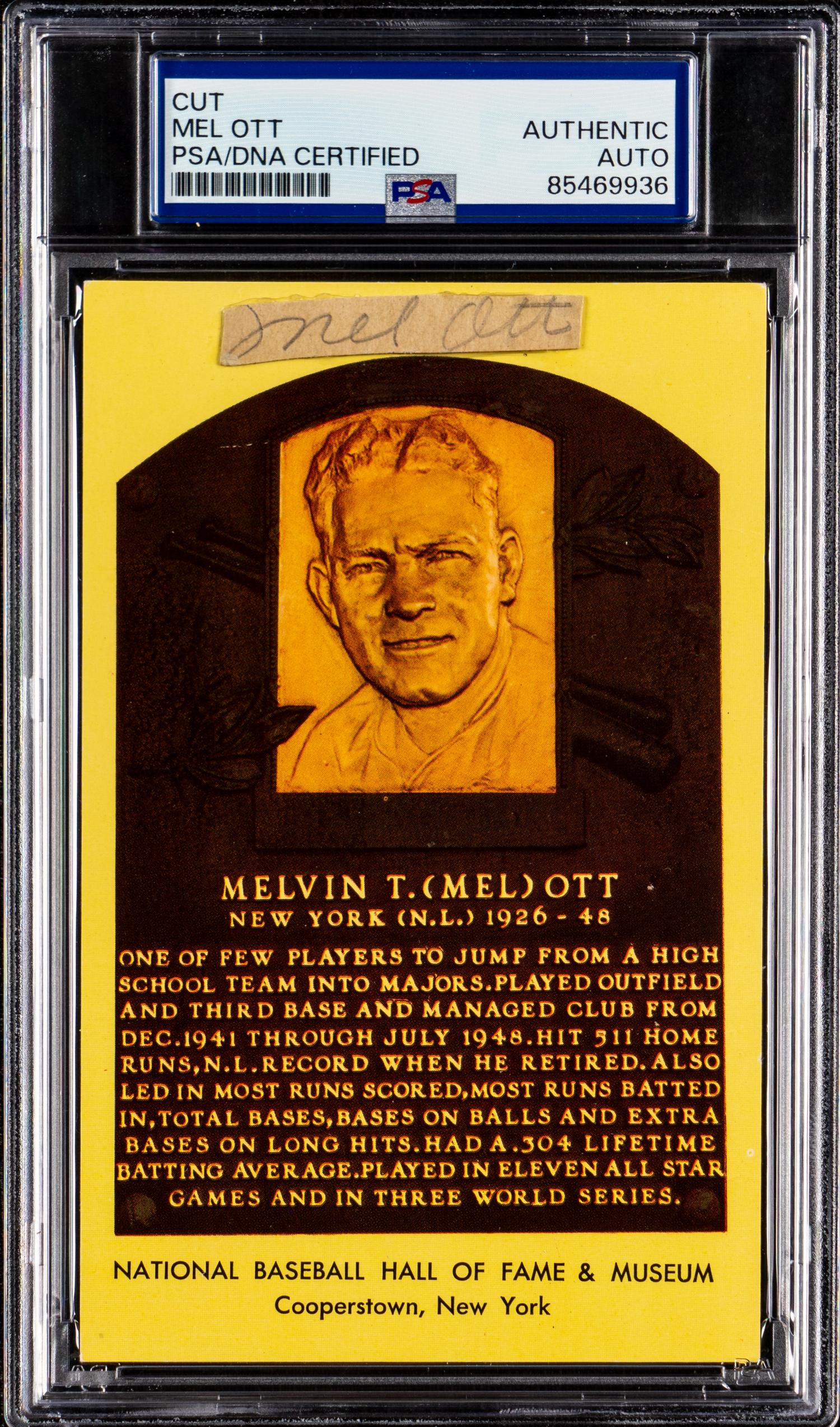 A Mel Ott Signed Cut Hall of Fame Postcard (PSA ENCAPSULATED)
