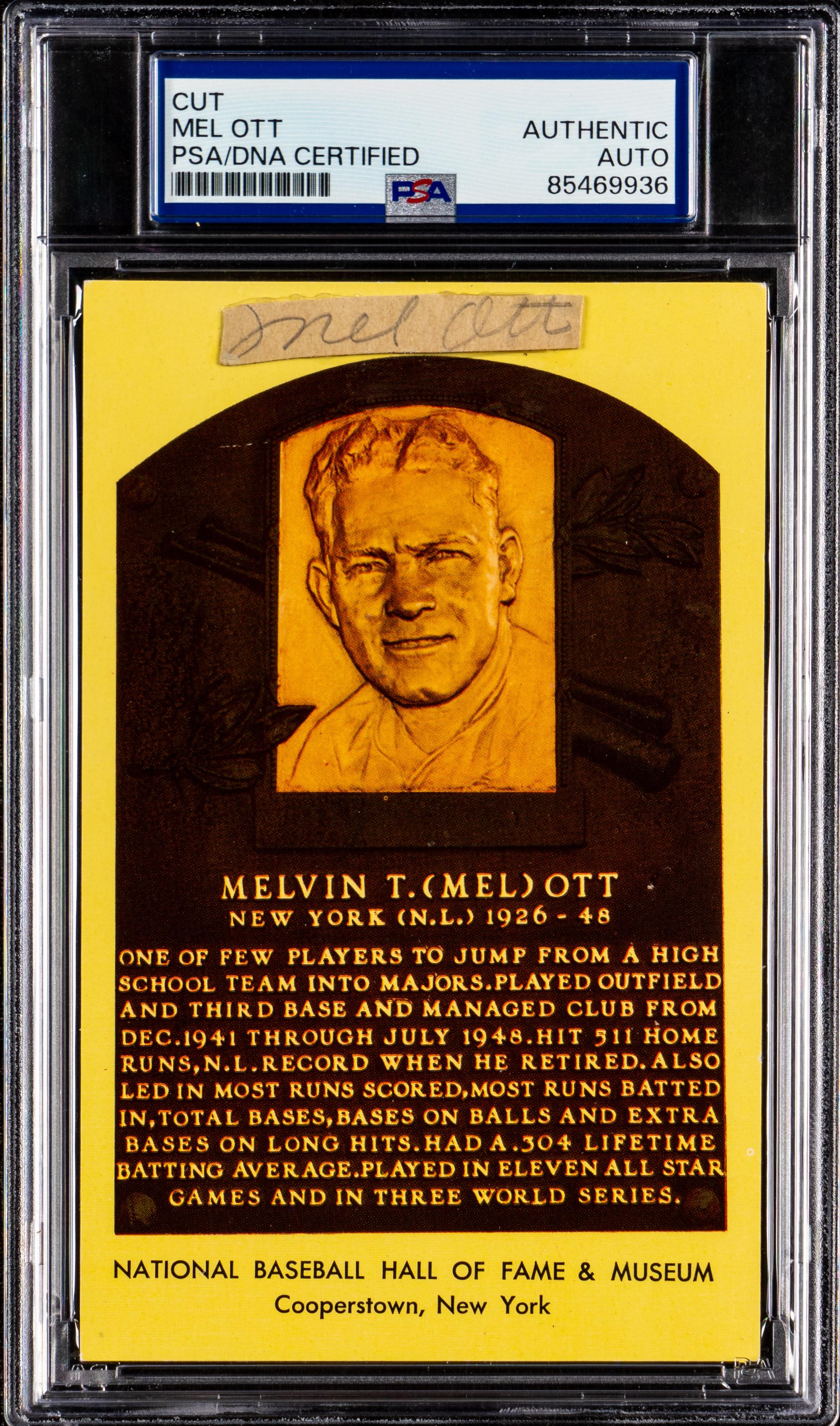 A Mel Ott Signed Cut Hall of Fame Postcard (PSA ENCAPSULATED)