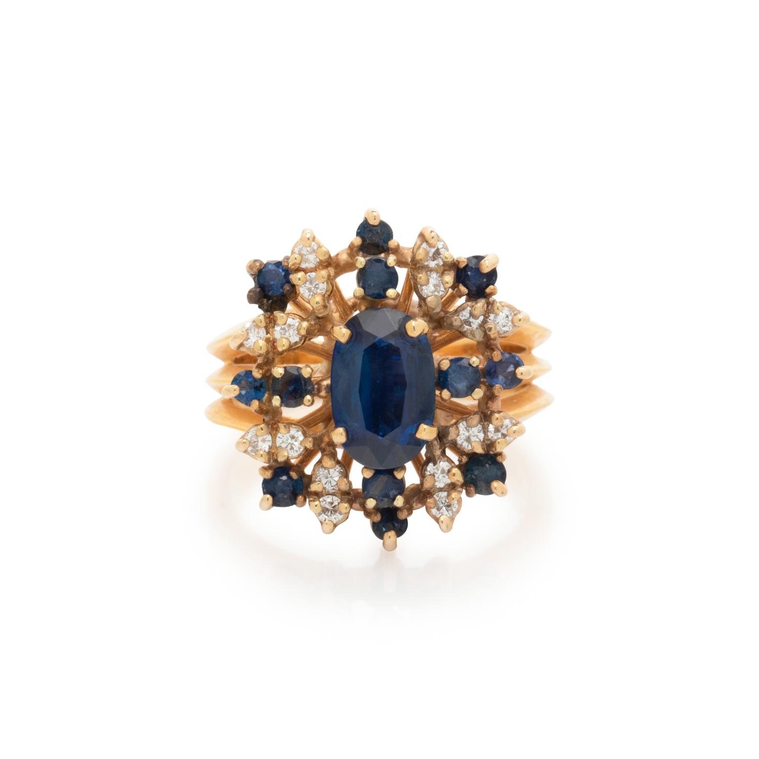 SYNTHETIC SAPPHIRE, SAPPHIRE, AND DIAMOND RING