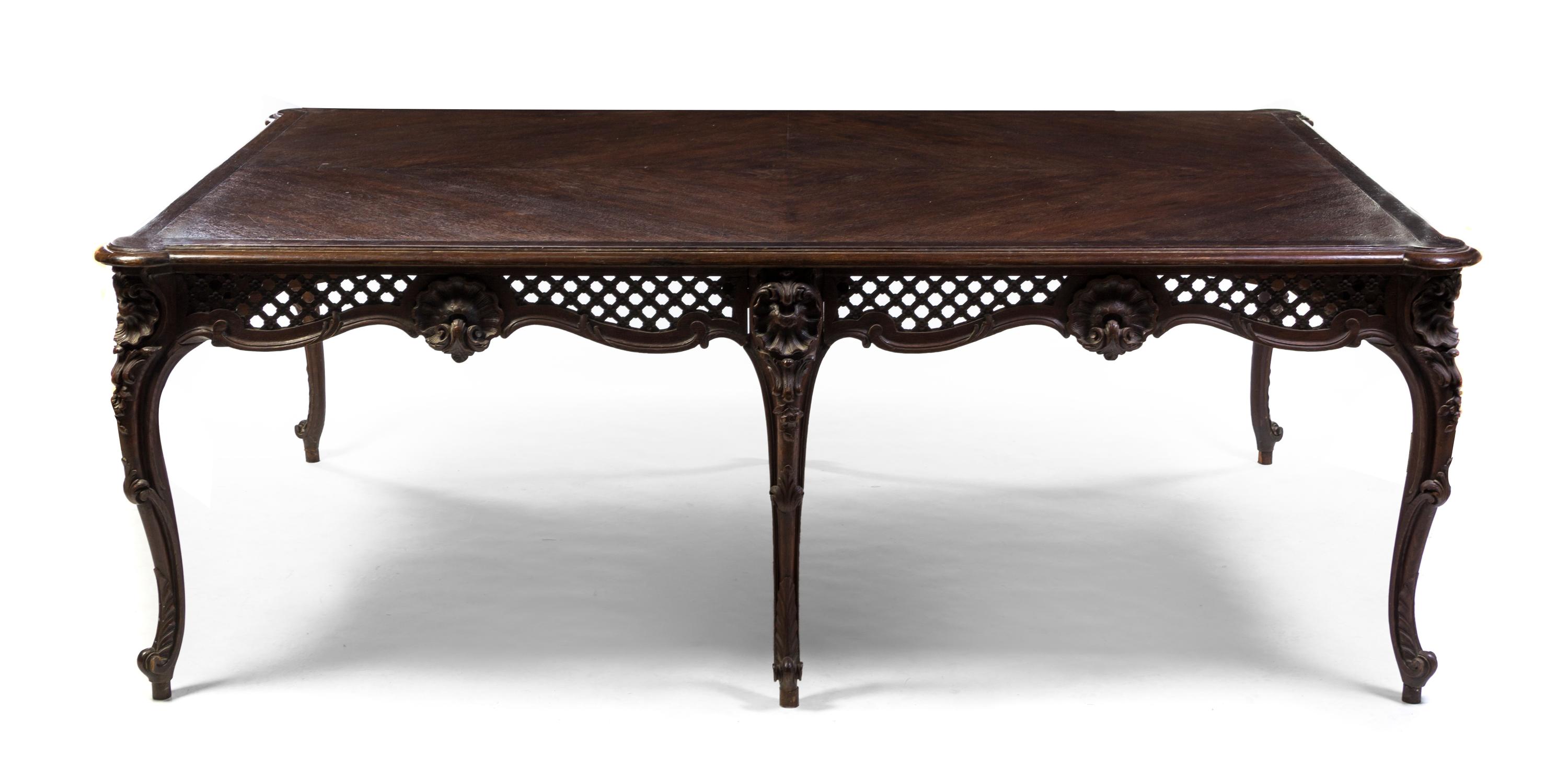 A French Provincial Carved Oak Dining Table, J. Sarazin, Height 31 1/4 x width 88 x depth 60 inches.
