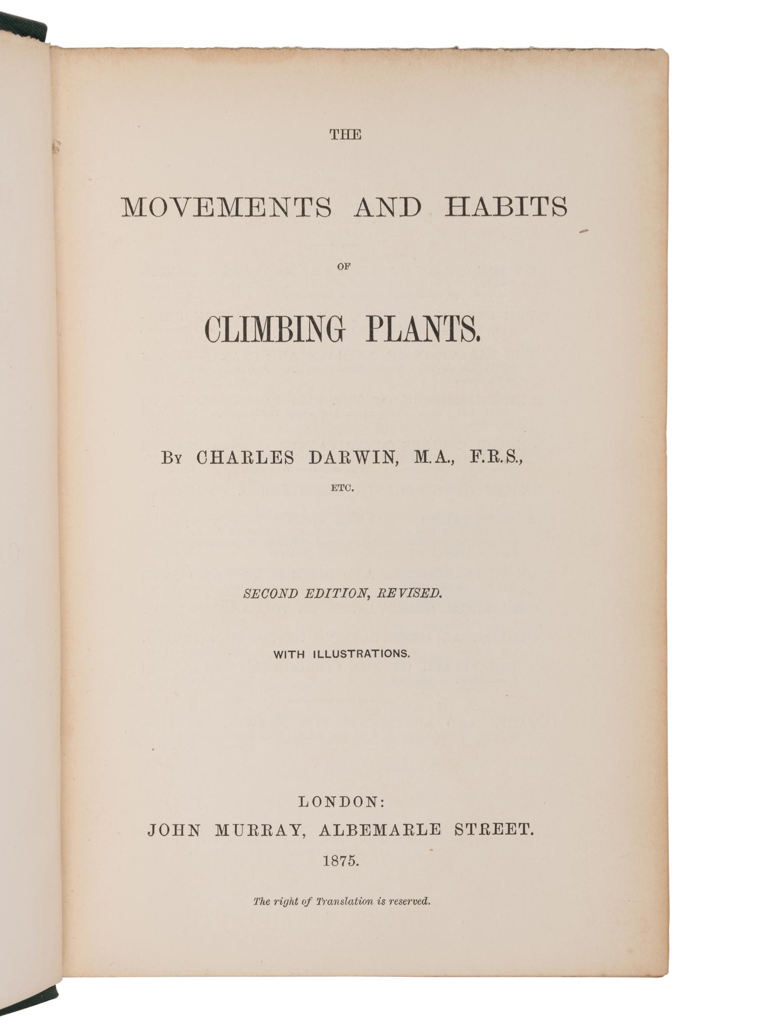 DARWIN, Charles Robert (1809-1882). The Movements and Habits of Climbing Plants...second edition, revised. London: John Murray, 1875.
