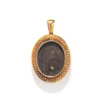 A Neoclassical Black Onyx Intaglio with a Female Portrait Head on a Gold Mourning Locket Pendant