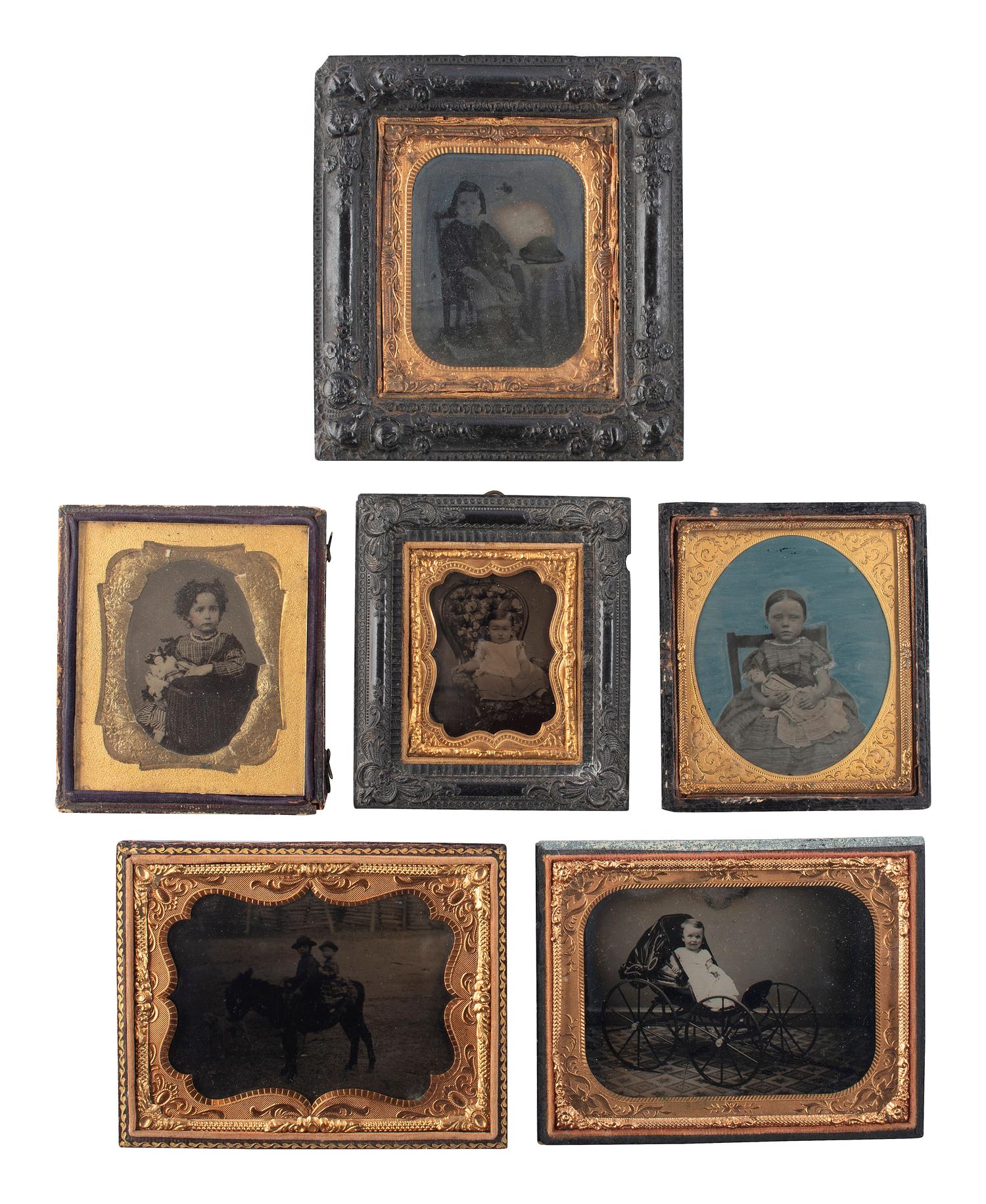 [EARLY PHOTOGRAPHY]. A group of 7 ambrotypes and tintypes of children, many posed with animals or objects, incl. children on horseback.