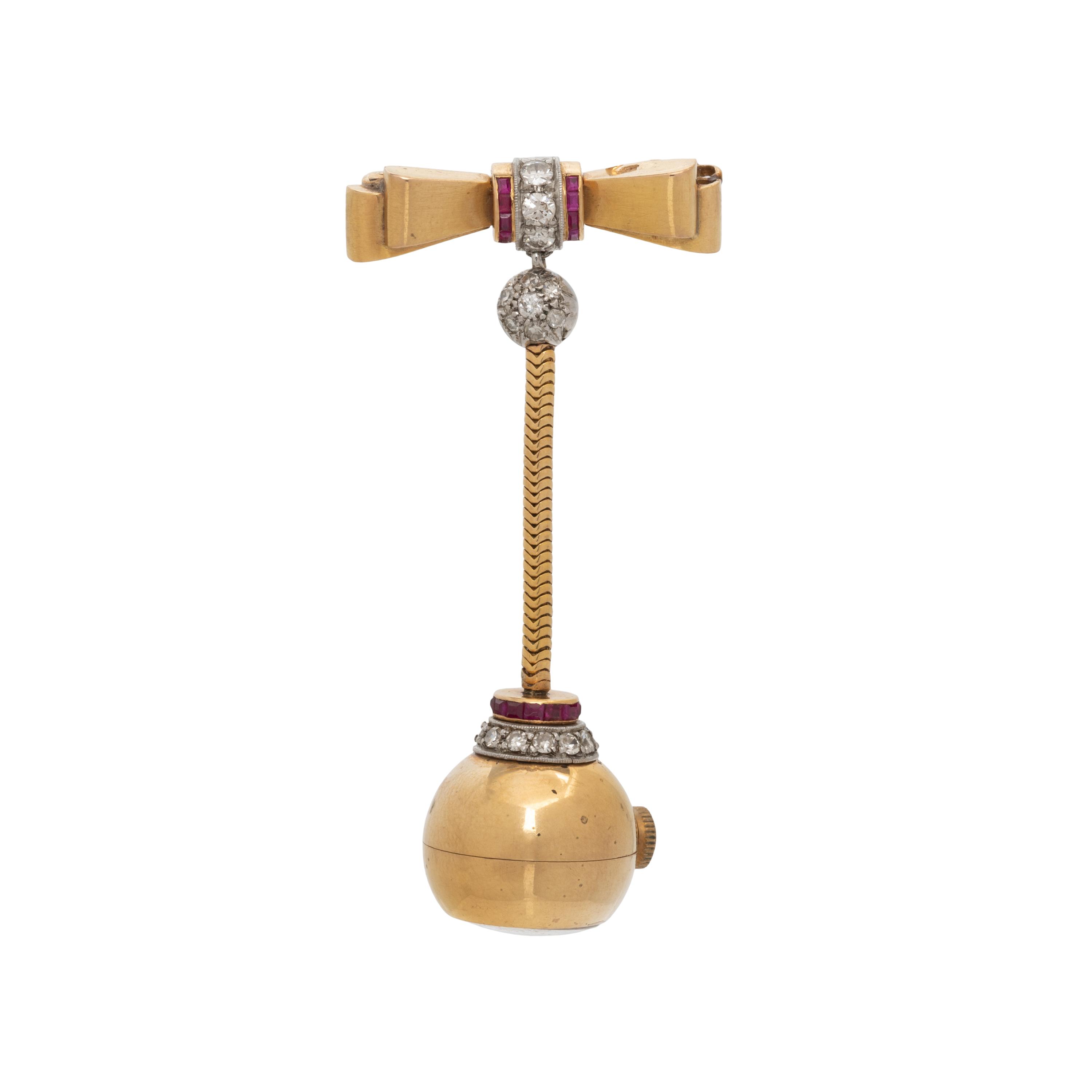 YELLOW GOLD, DIAMOND, AND RUBY WATCH BROOCH