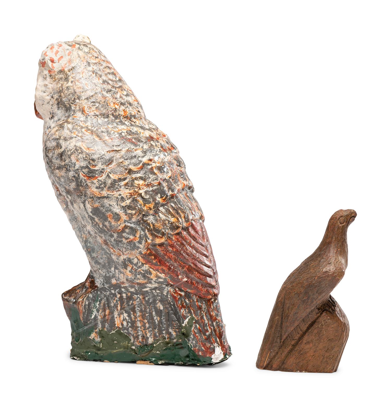 A Carved and Painted Plaster Owl and a Carved Wooden Eagle