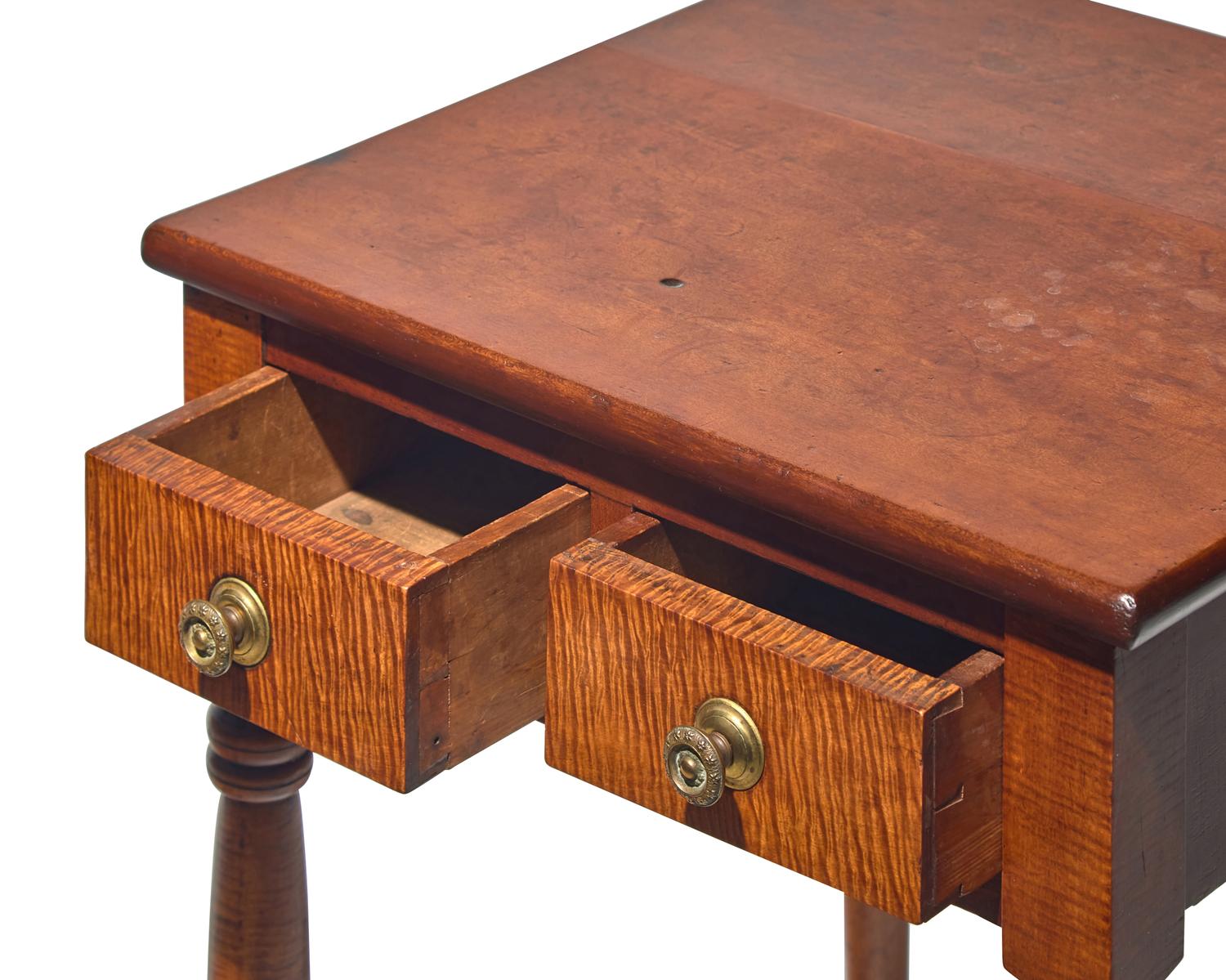 A Late Federal Tiger Maple and Cherrywood Two-Drawer Work Table, Circa 1825