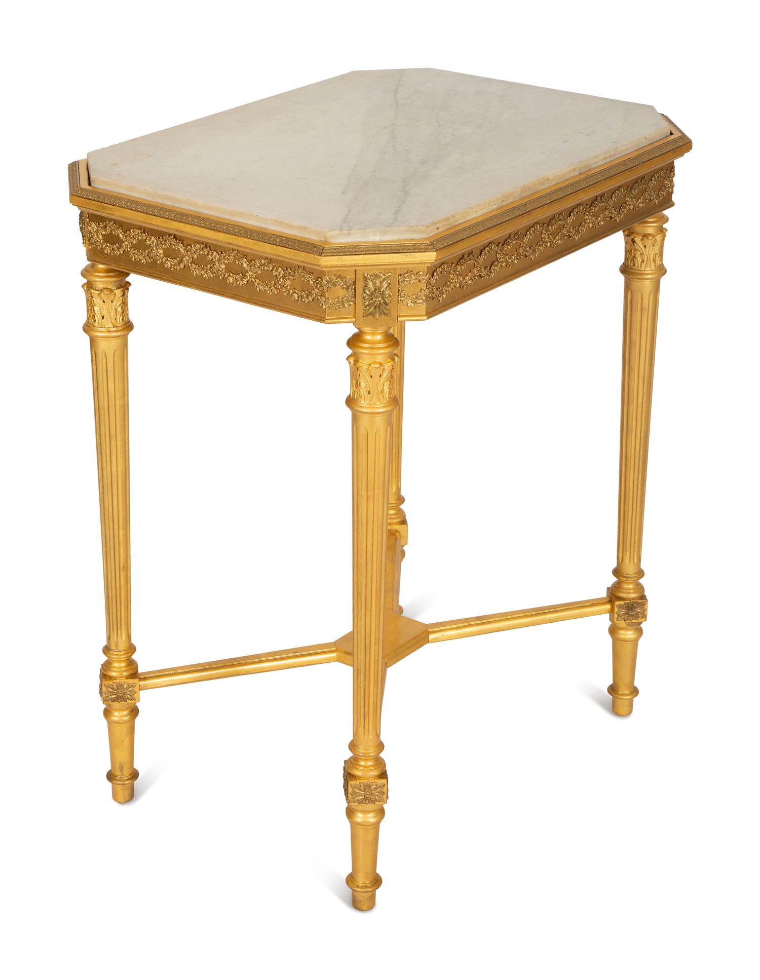 A Louis XVI Style Giltwood Marble Top Side Table