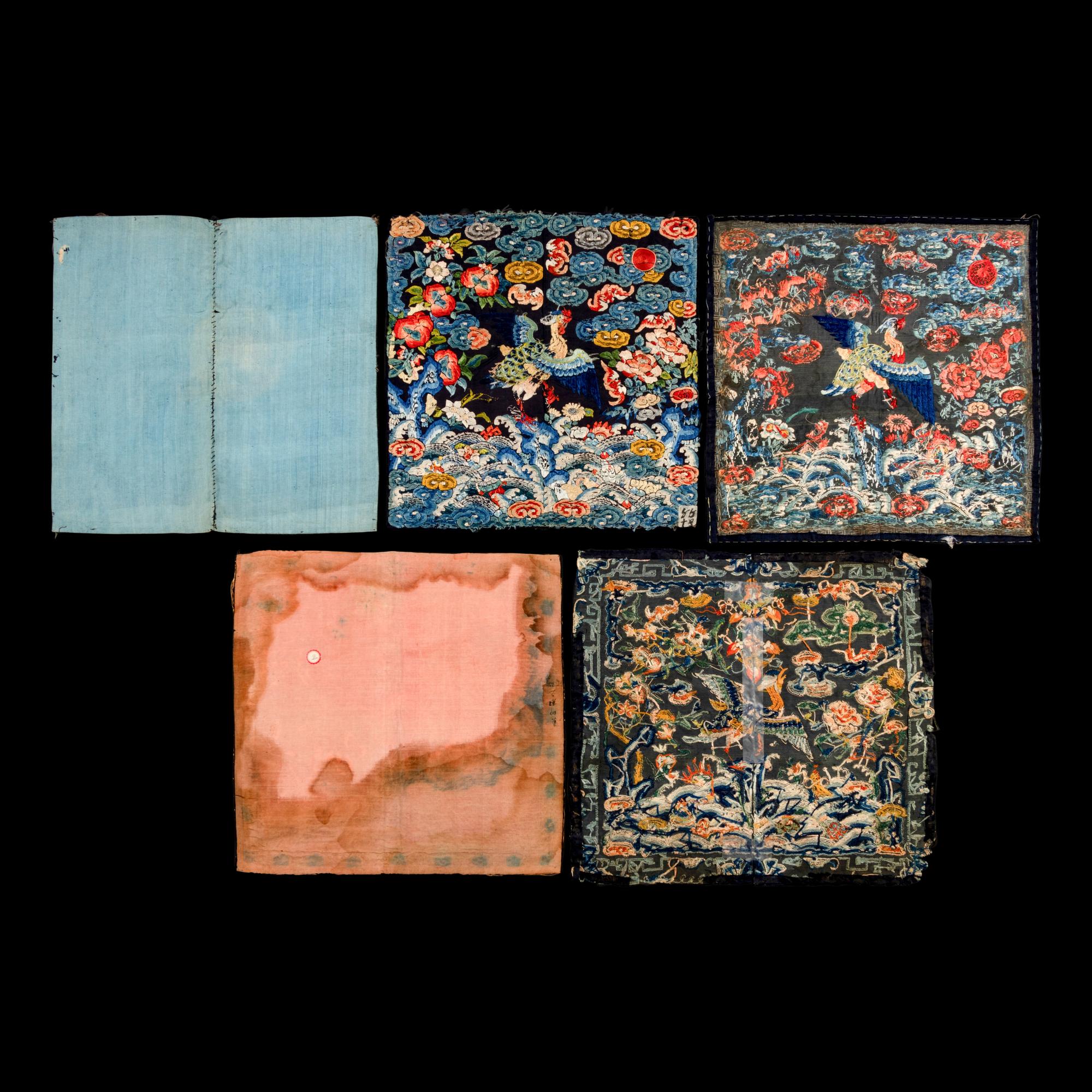 Five Chinese Embroidered Silk ‘Mandarin Duck’ Rank Badges, Buzi, 19th Century 清中晚期 刺綉文官補子五幅