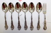 A Group of Six American Silver Teaspoons, Gorham Mfg. Co., Providence, RI, Versailles pattern, each with an engraved monogram to the un