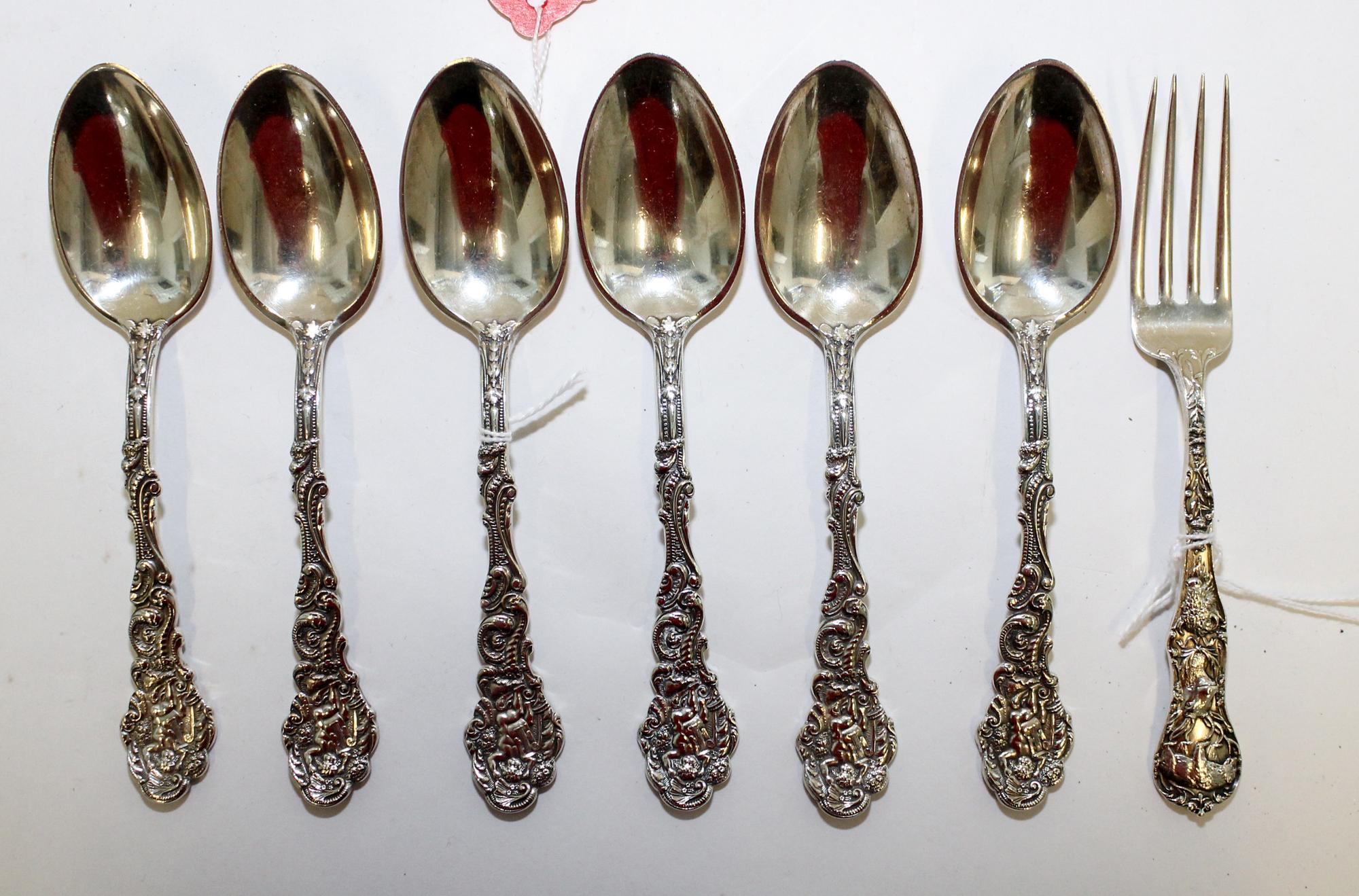 A Group of Six American Silver Teaspoons, Gorham Mfg. Co., Providence, RI, Versailles pattern, each with an engraved monogram to the un