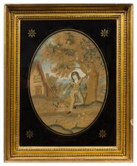 An English Needlework Picture Height of needlework 15 x width 10 3/4 inches.