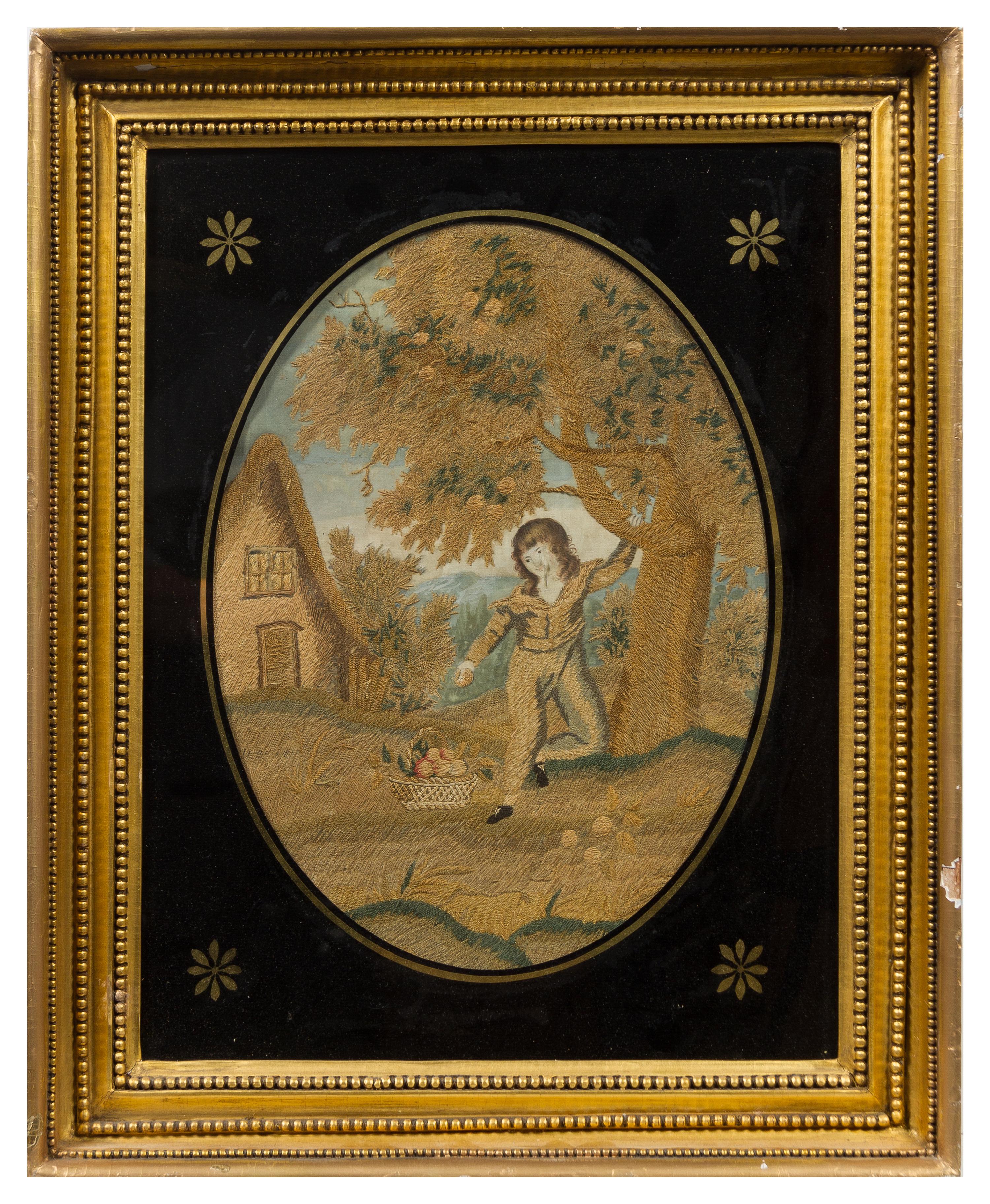 An English Needlework Picture Height of needlework 15 x width 10 3/4 inches.