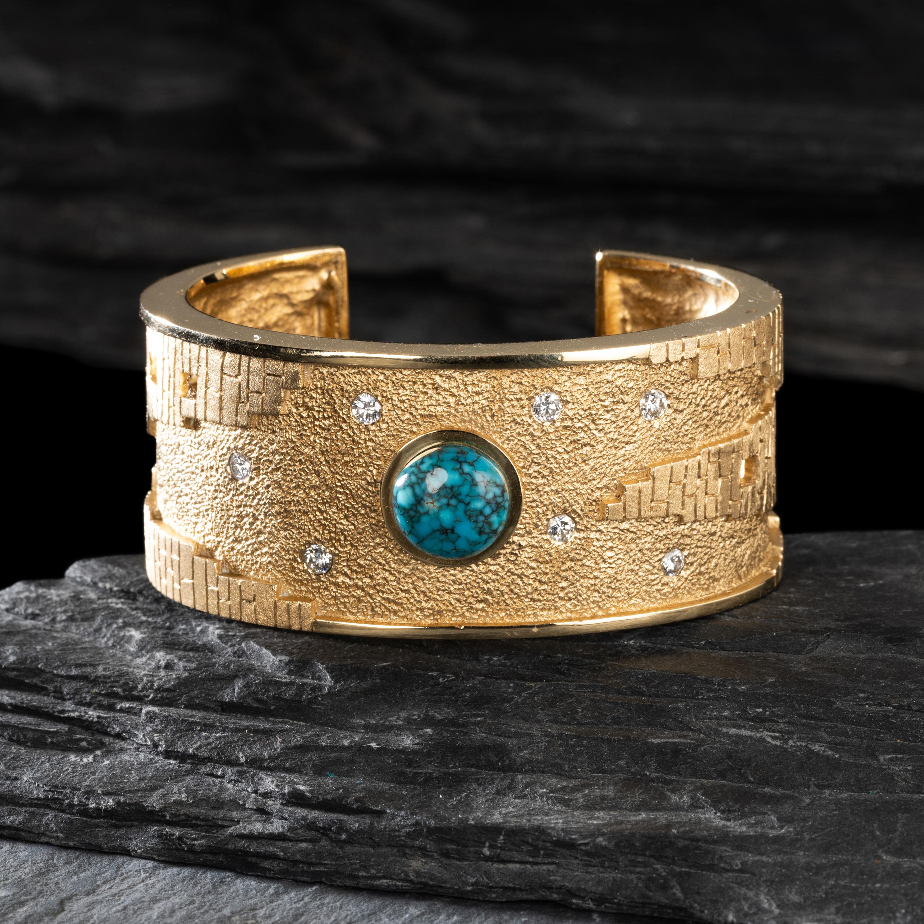 Don Supplee (Hopi, b. 1965) — 14K Gold, Turquoise, and Diamond Pueblo Cuff Bracelet