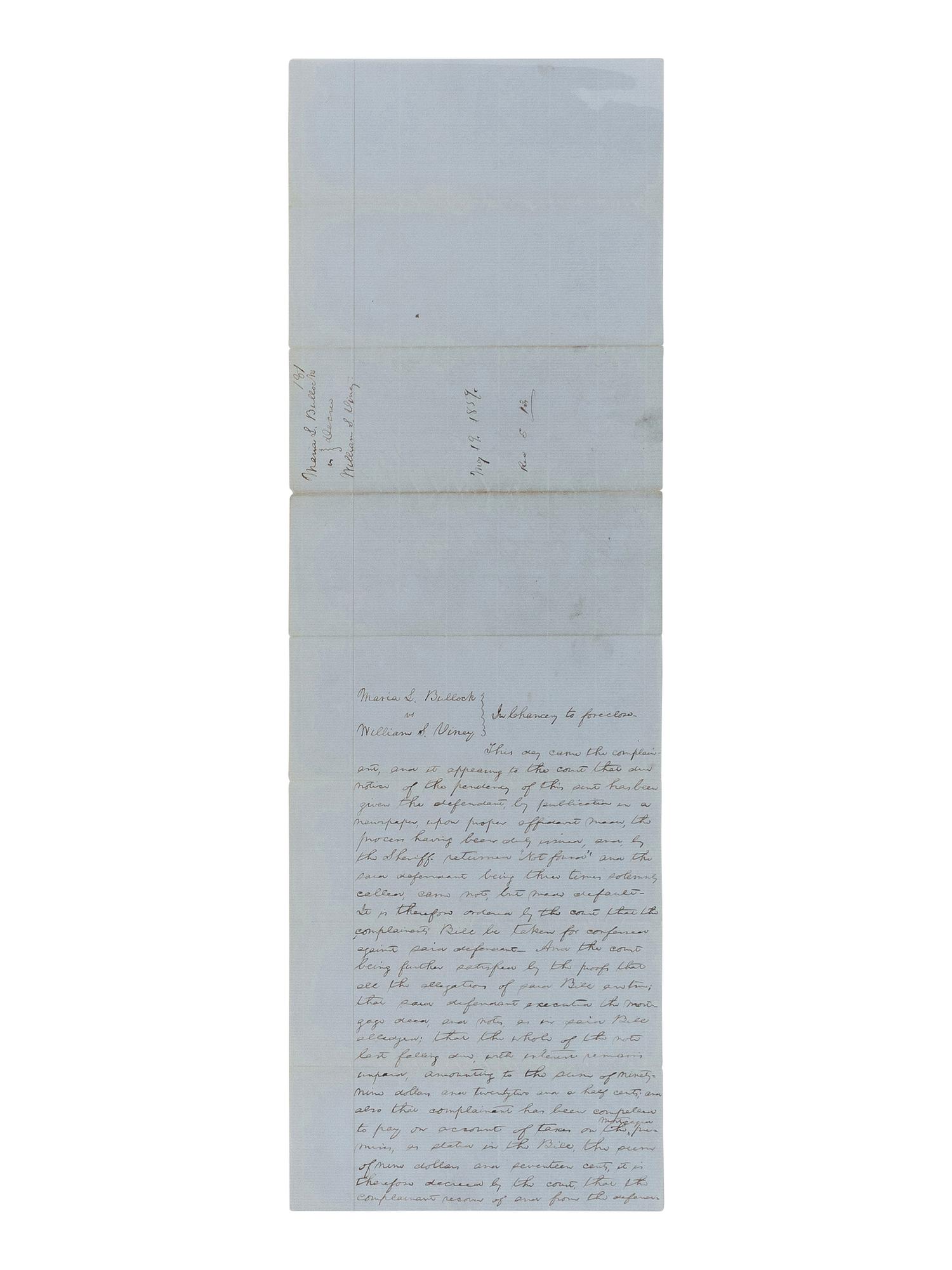 LINCOLN, Abraham (1809-1865). A small archive of 9 manuscript and partially printed documents relating to the Bullock Land Transaction, Springfield, Illinois, 1855-1859, comprising:
