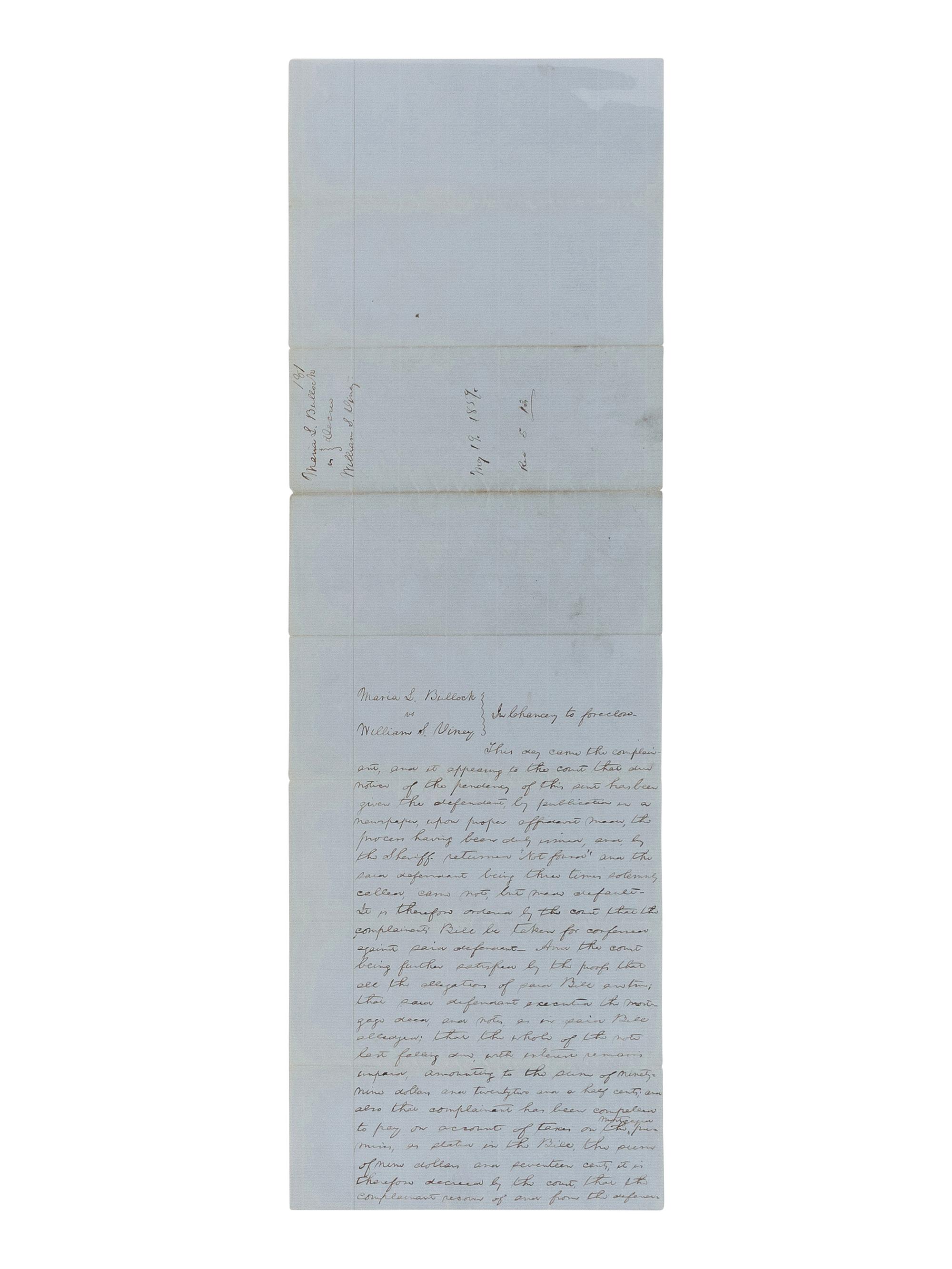 LINCOLN, Abraham (1809-1865). A small archive of 9 manuscript and partially printed documents relating to the Bullock Land Transaction, Springfield, Illinois, 1855-1859, comprising: