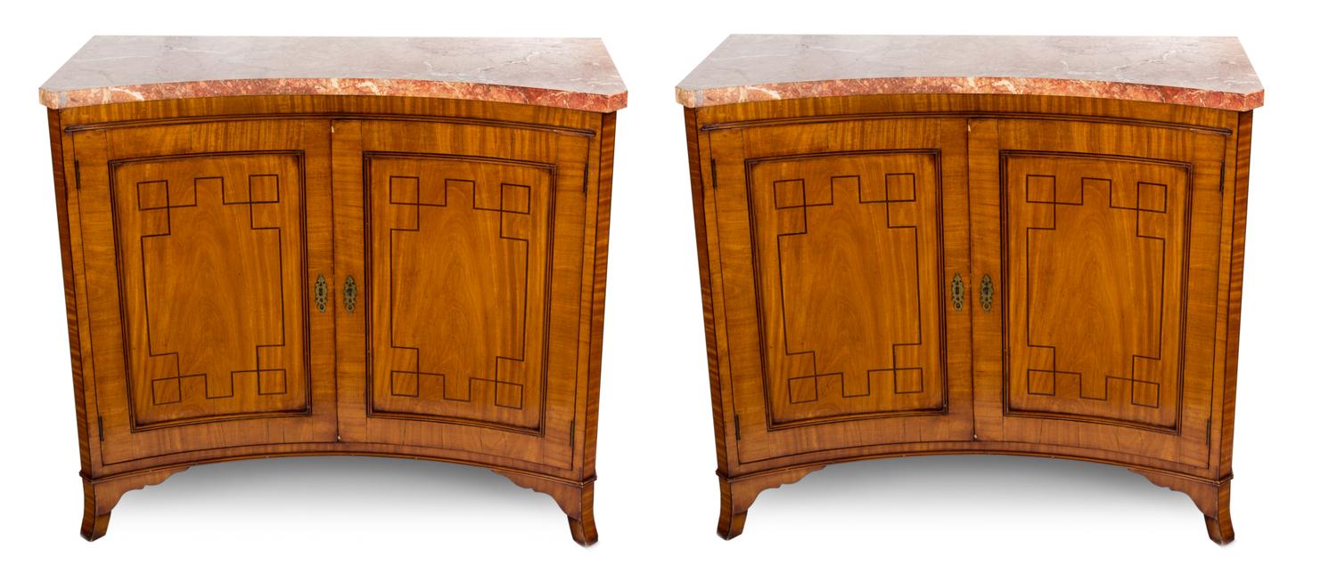 A Pair of Regency Satinwood and Mahogany-Strung Concave-Fronted Side Cabinets Height 35 x width 40 x depth 18 inches. — 19TH CENTURY