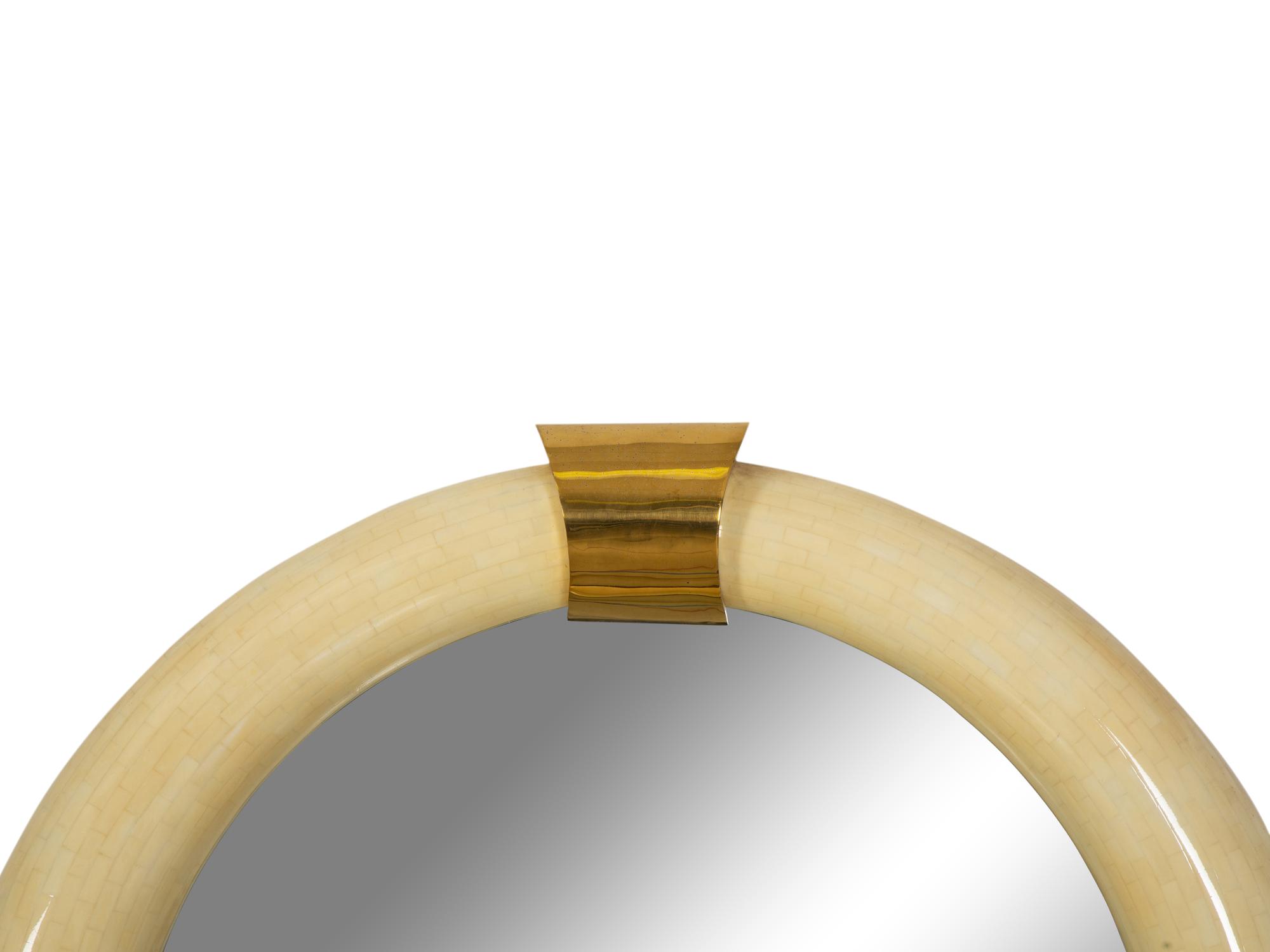 A Mid-Century Tesselated Bone and Brass Circular Mirror