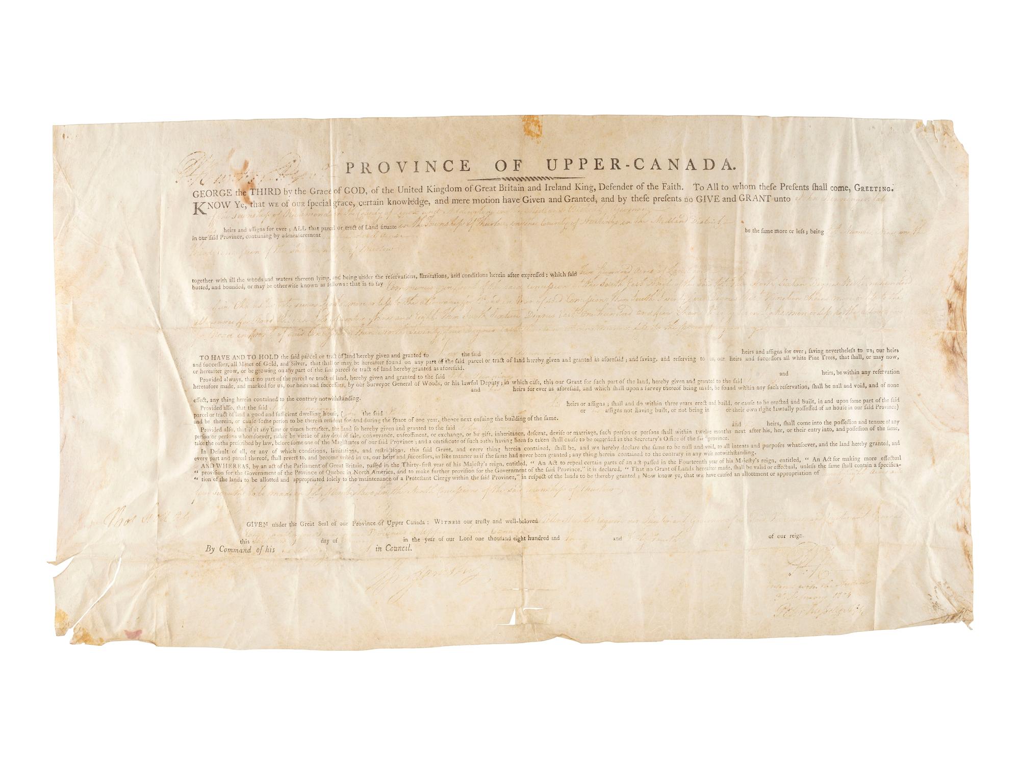 [REVOLUTIONARY WAR]. A group of 2 documents relating to the Province of Upper Canada, including one signed by Loyalist Samuel Smith (1756-1826) who served as Captain of the Queen's Rangers and surrendered at Yorktown.