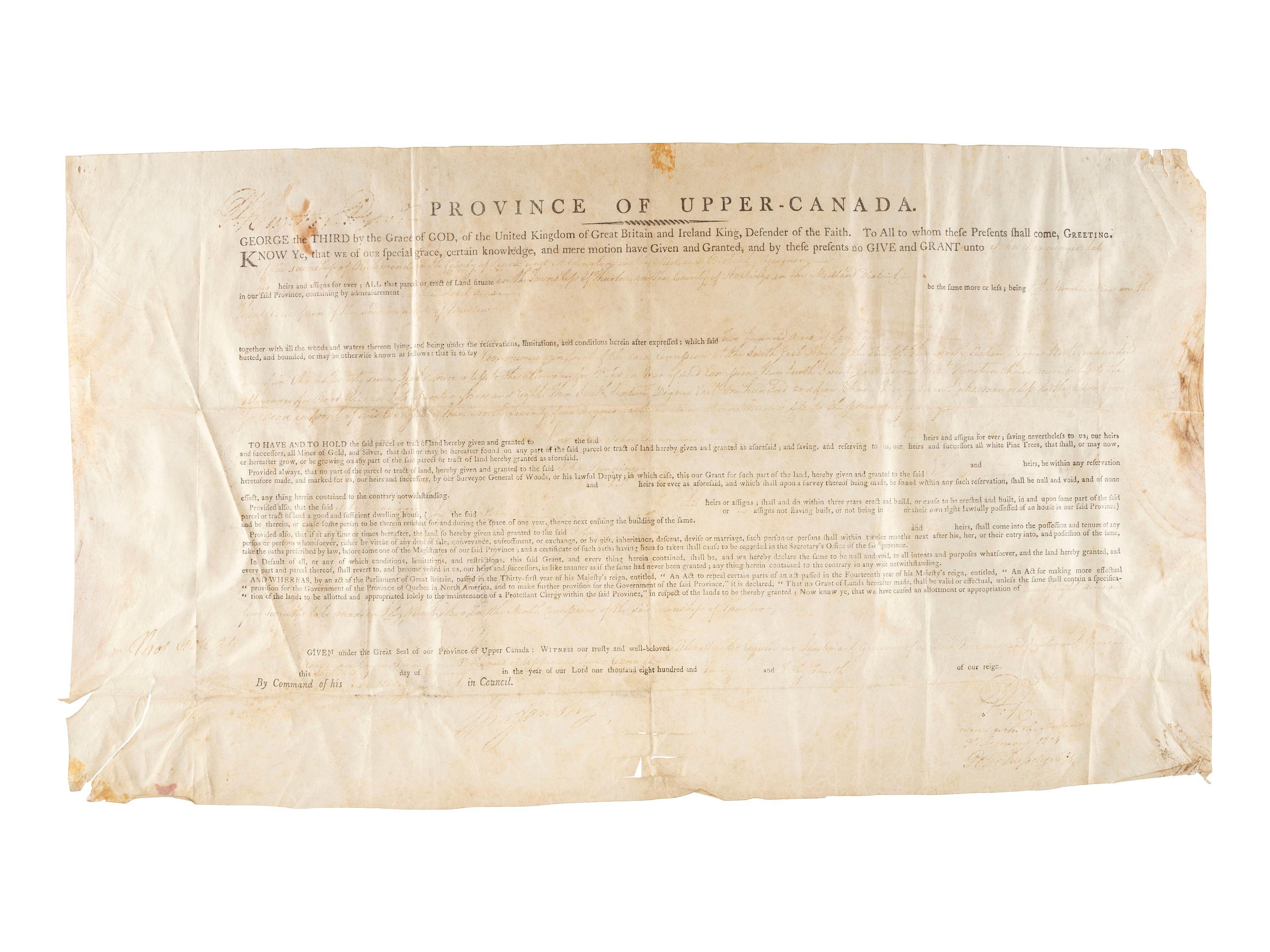 [REVOLUTIONARY WAR]. A group of 2 documents relating to the Province of Upper Canada, including one signed by Loyalist Samuel Smith (1756-1826) who served as Captain of the Queen's Rangers and surrendered at Yorktown.