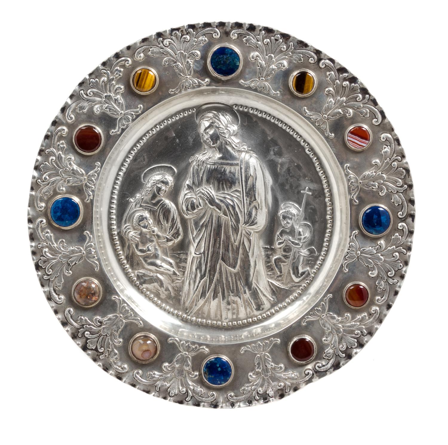A German Semi-Precious Stone Mounted Silver Charger, Leipzig City Mark with Austrian Import Mark, Late 18th/Early 19th Century, of circ