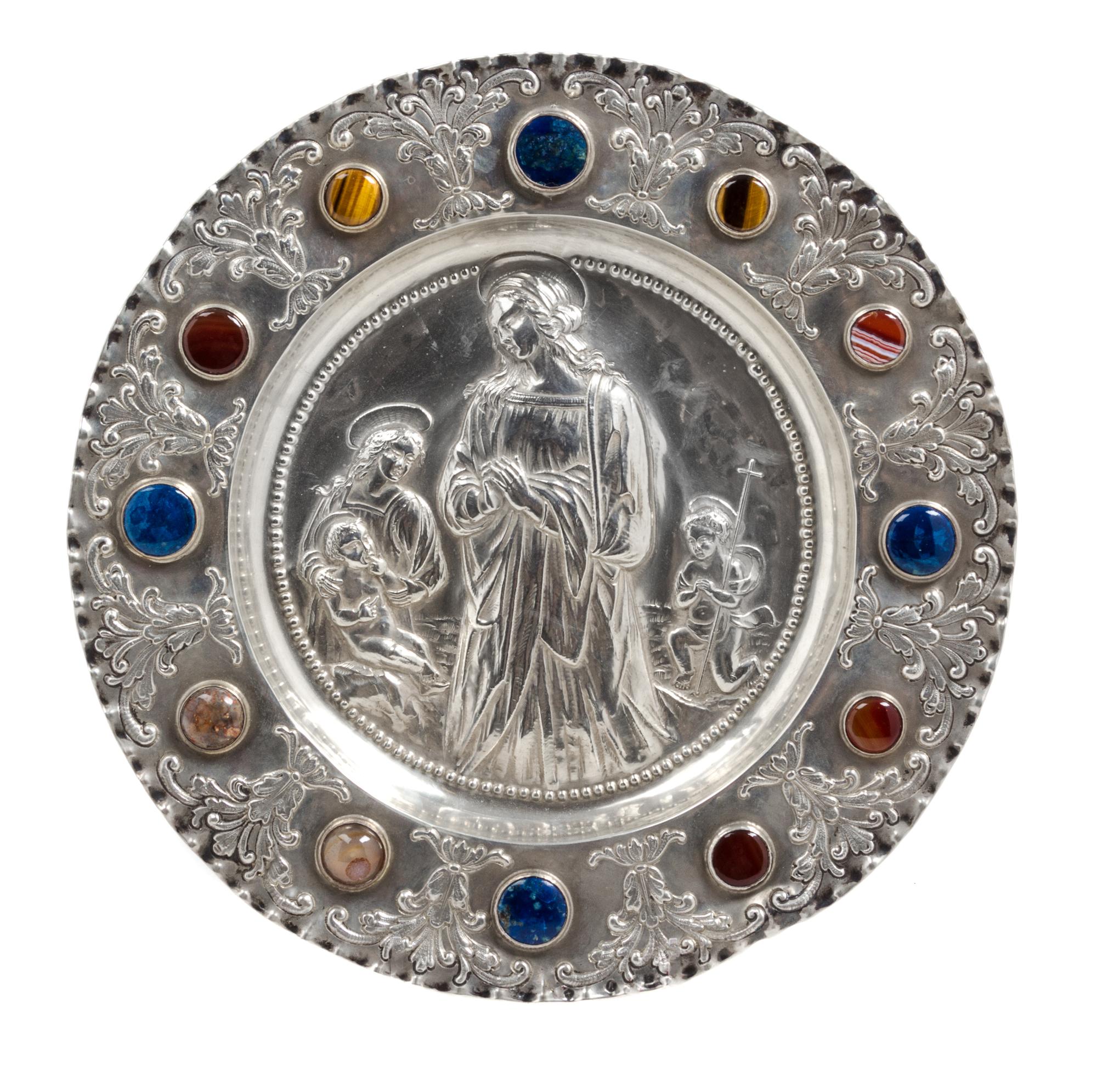 A German Semi-Precious Stone Mounted Silver Charger, Leipzig City Mark with Austrian Import Mark, Late 18th/Early 19th Century, of circ
