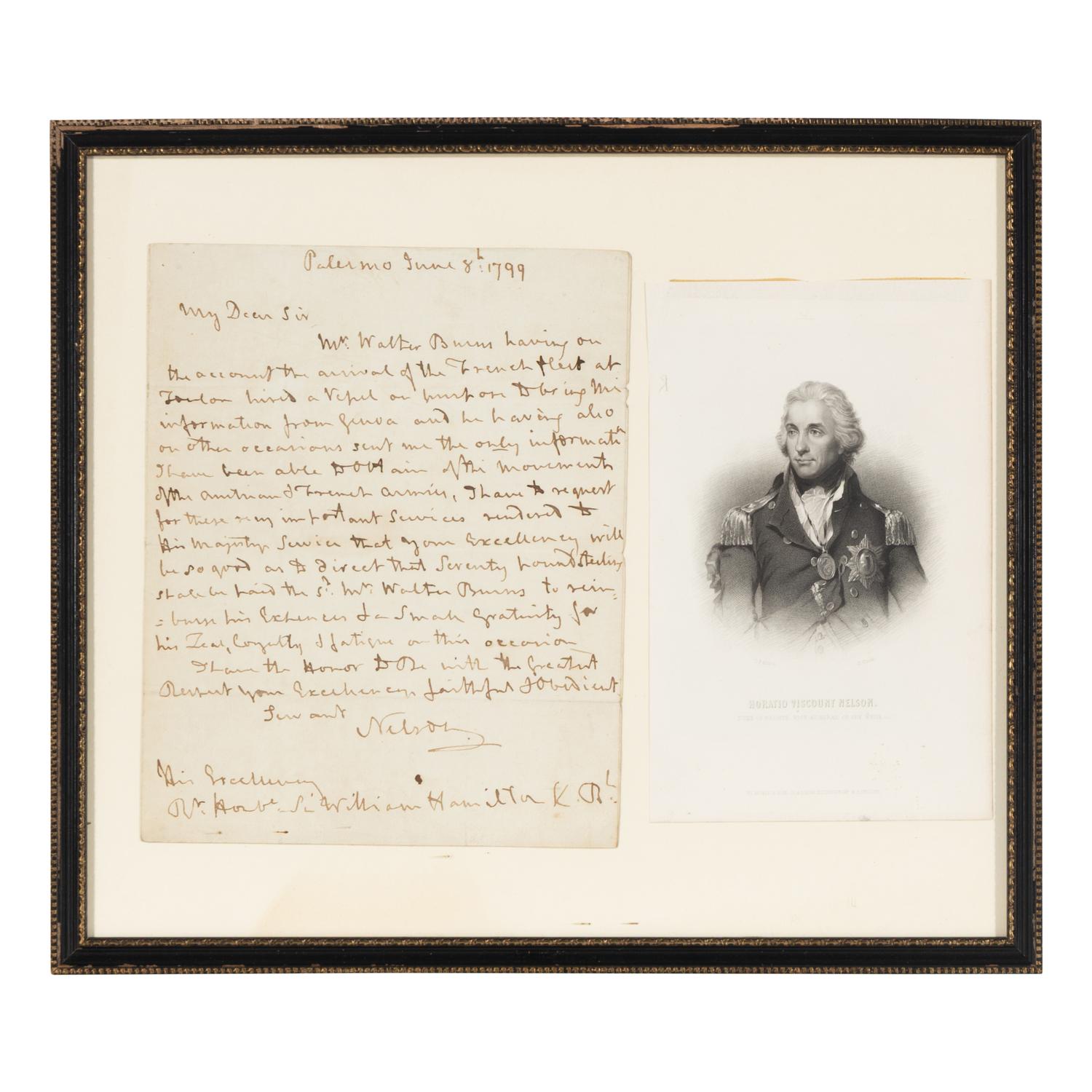 Nelson, Horatio, 1st Viscount Nelson (1758-1805). Autograph letter signed ("Nelson") to Sir William Hamilton, Palermo, 8 June 1799.