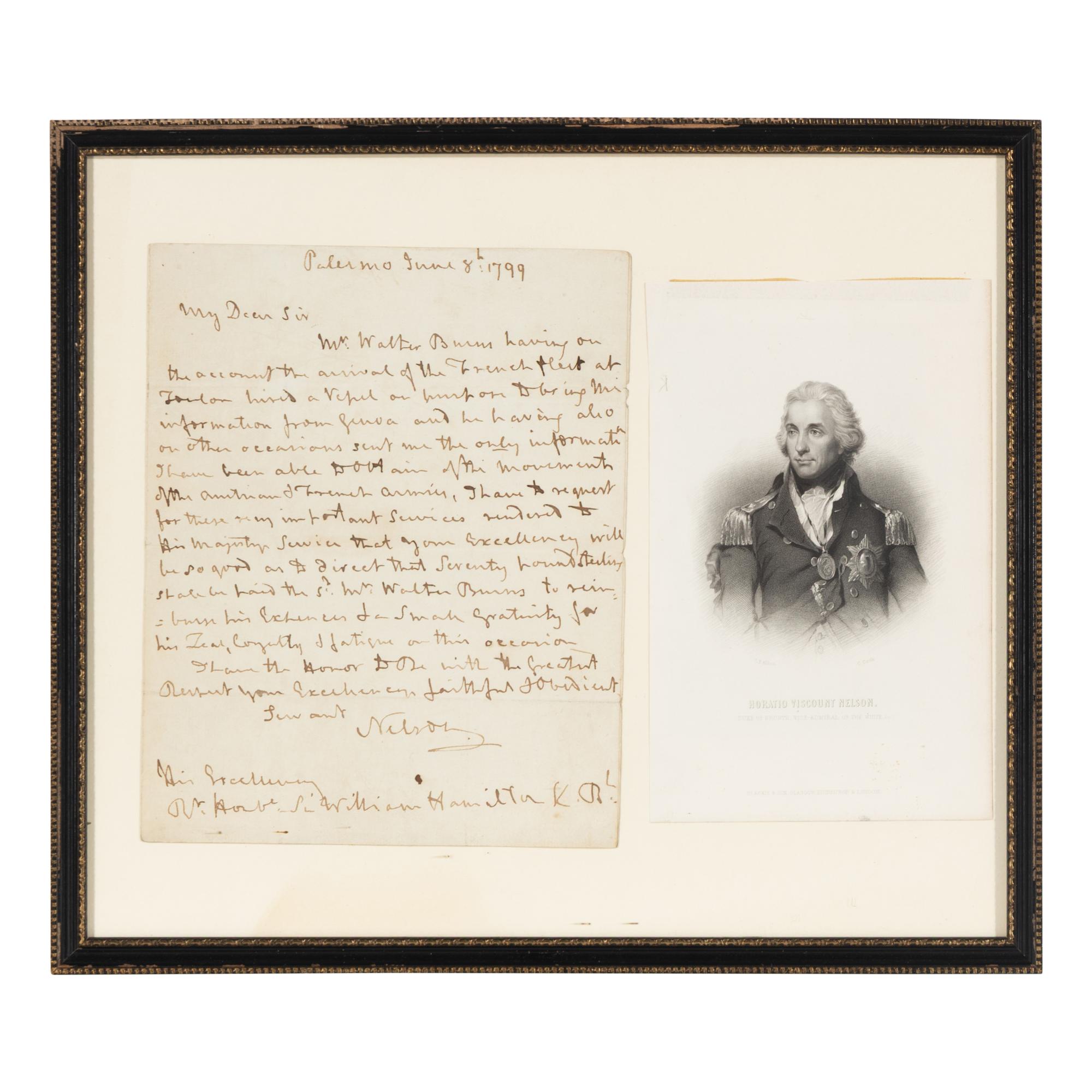 Nelson, Horatio, 1st Viscount Nelson (1758-1805). Autograph letter signed ("Nelson") to Sir William Hamilton, Palermo, 8 June 1799.