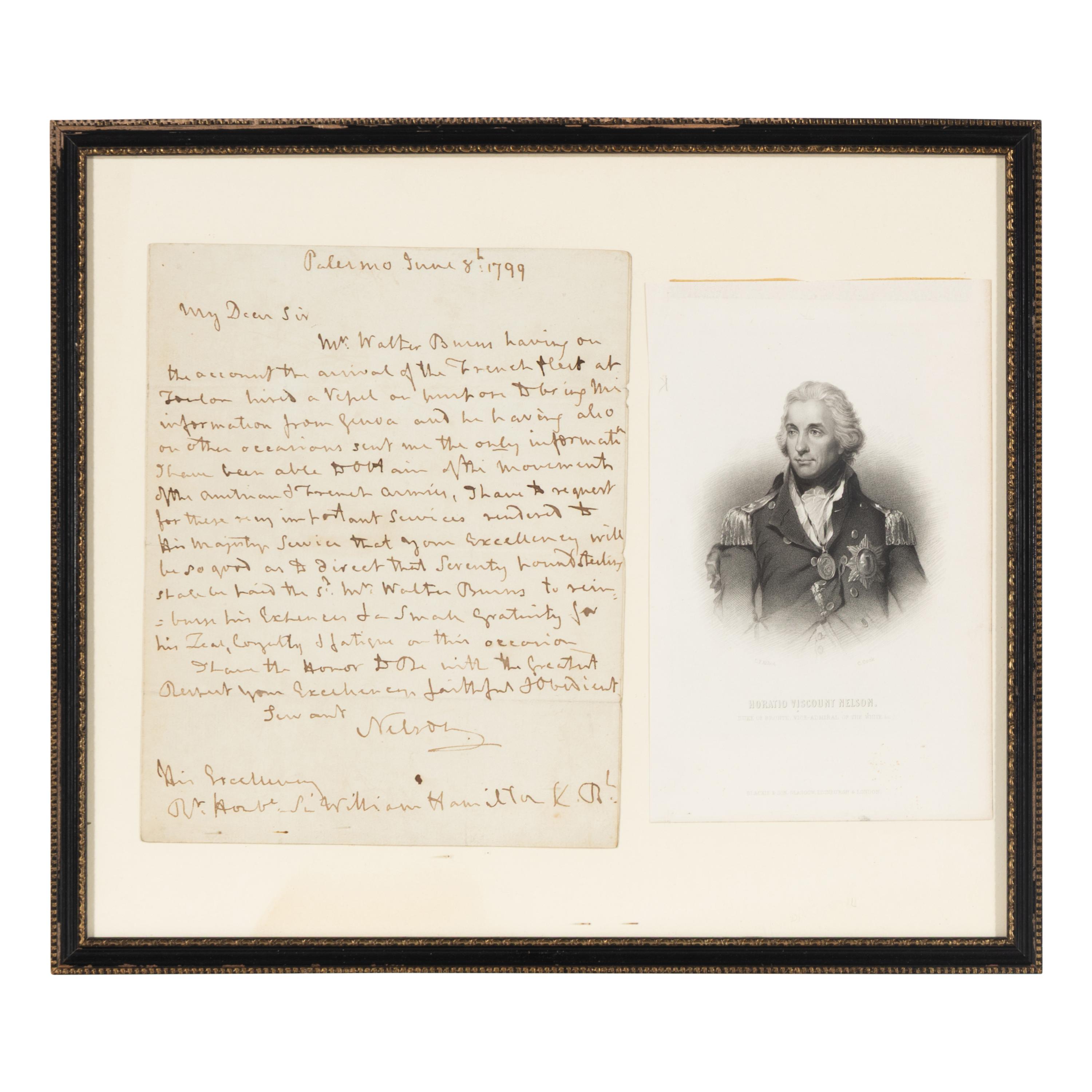 Nelson, Horatio, 1st Viscount Nelson (1758-1805). Autograph letter signed ("Nelson") to Sir William Hamilton, Palermo, 8 June 1799.