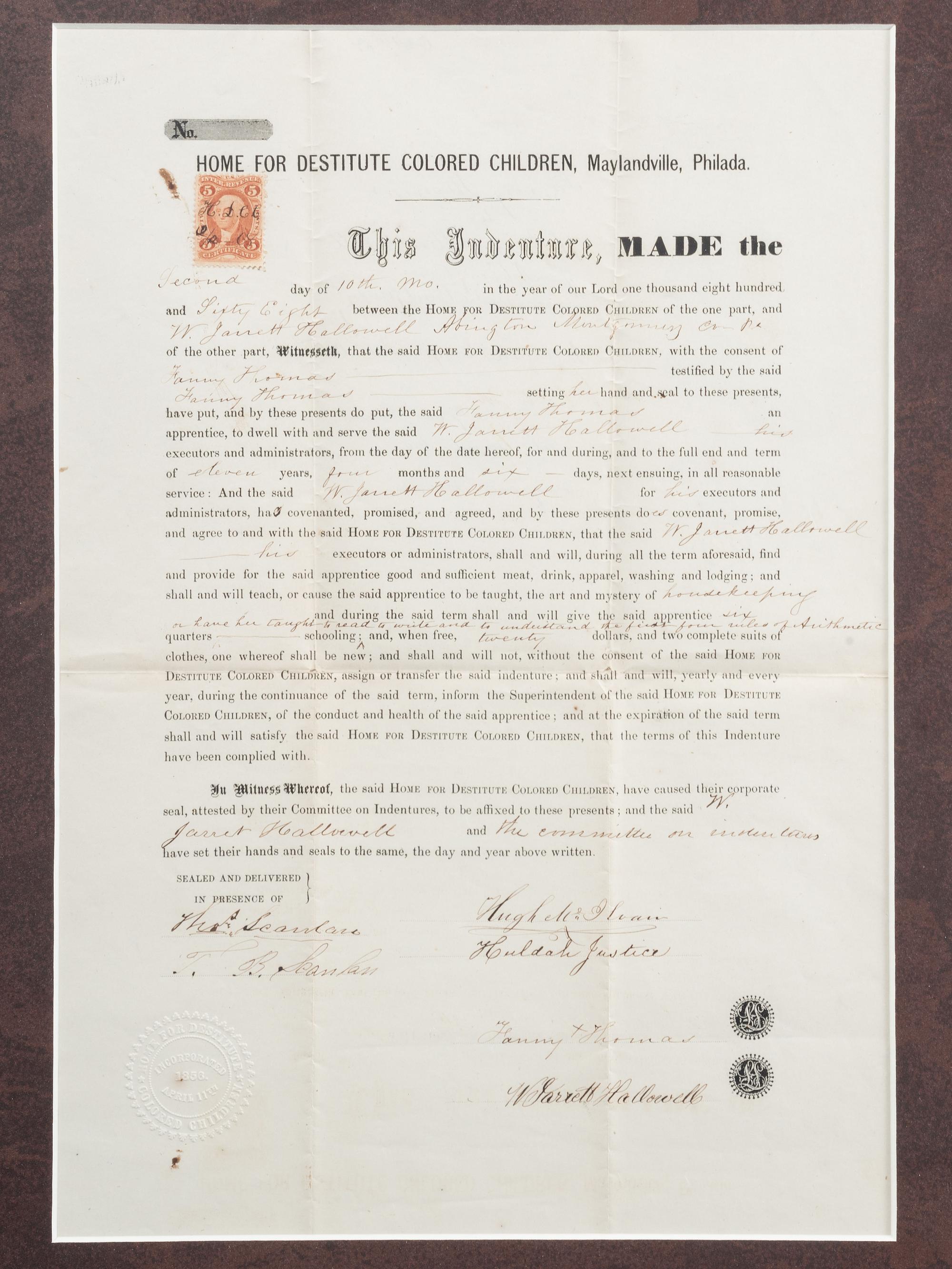 [SLAVERY & ABOLITION]. Home for Destitute Colored Children indenture document. Maylandville, Philadelphia, 2 October 1868.