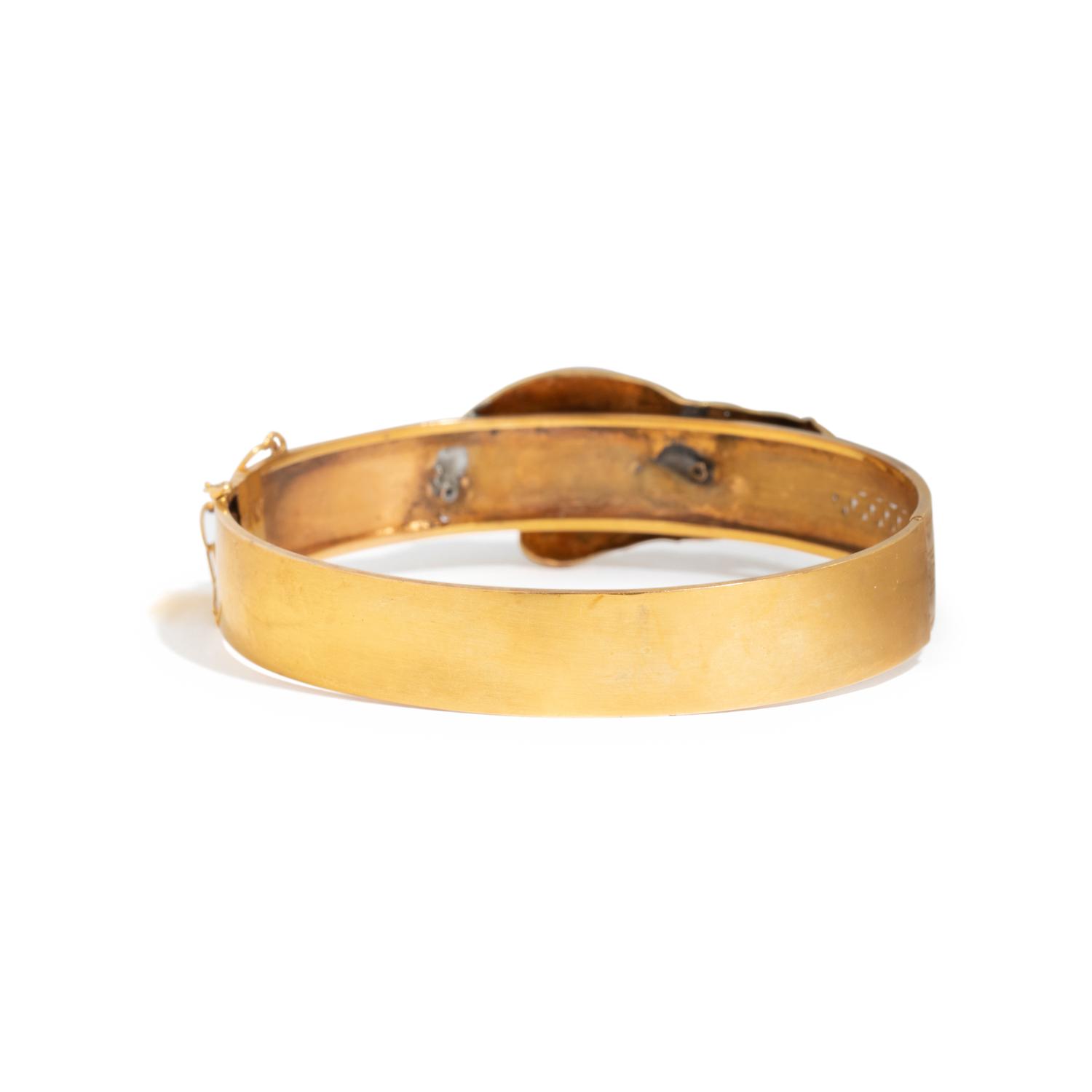 VICTORIAN, DIAMOND, RUBY, AND YELLOW GOLD BANGLE BRACELET