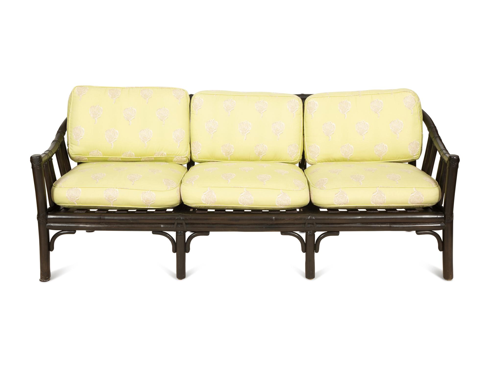 A McGuire Black Painted Rattan Six-Piece Furniture Suite