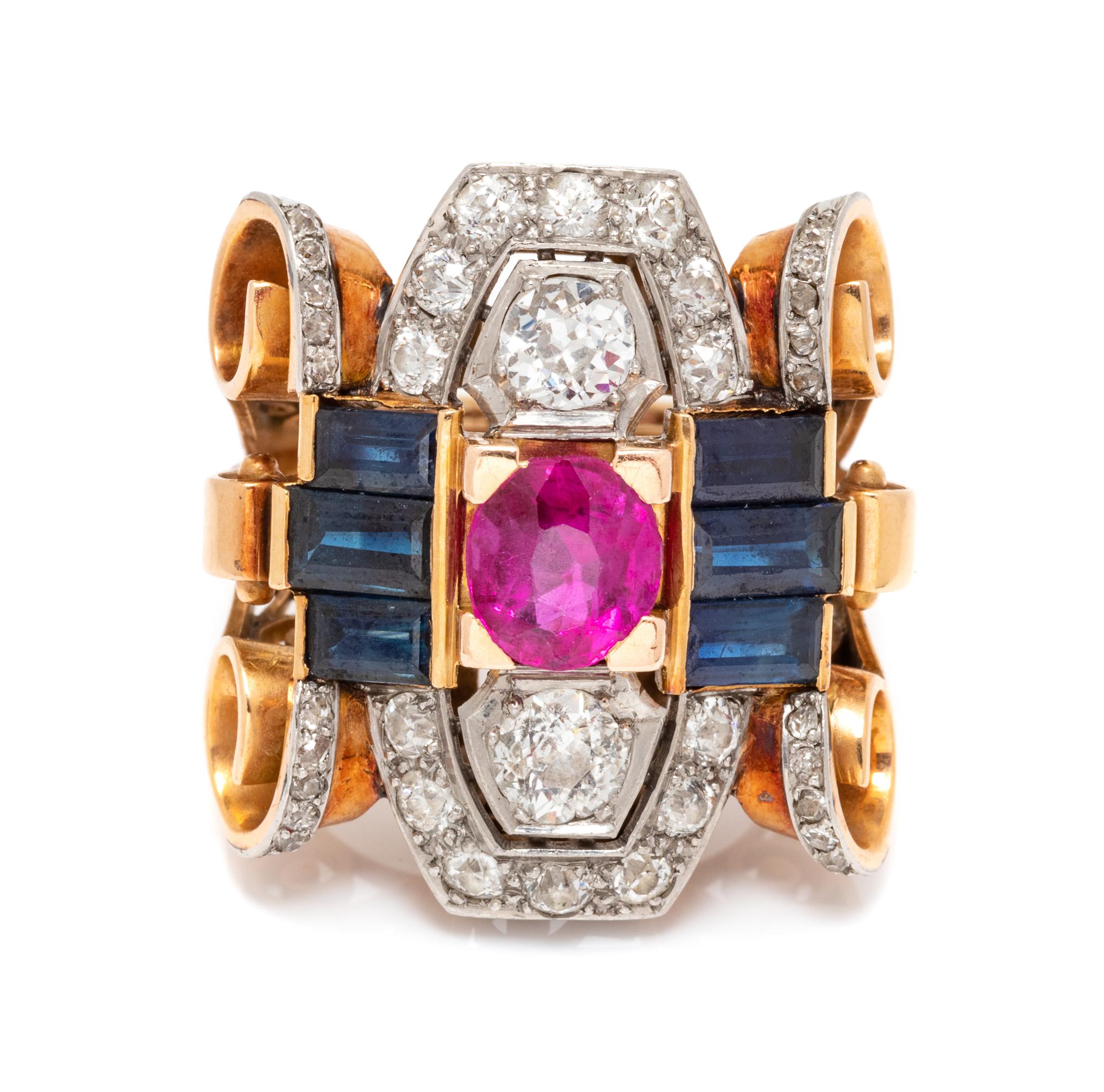 A Retro Platinum Topped Rose Gold, Ruby, Diamond and Sapphire Ring, 10.30 dwts.