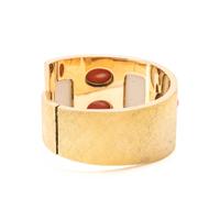 YELLOW GOLD, CORAL AND CHALCEDONY CUFF BRACELET