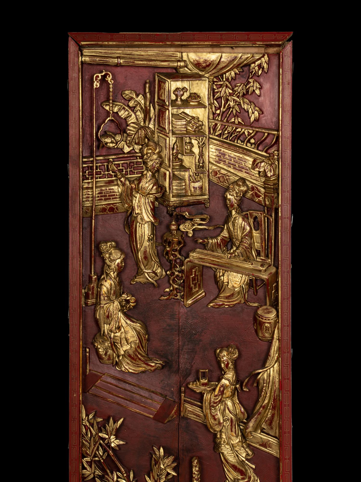 Two Pairs of Chinese Gilt and Red Lacquered Wood Panels