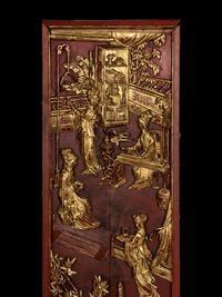 Two Pairs of Chinese Gilt and Red Lacquered Wood Panels